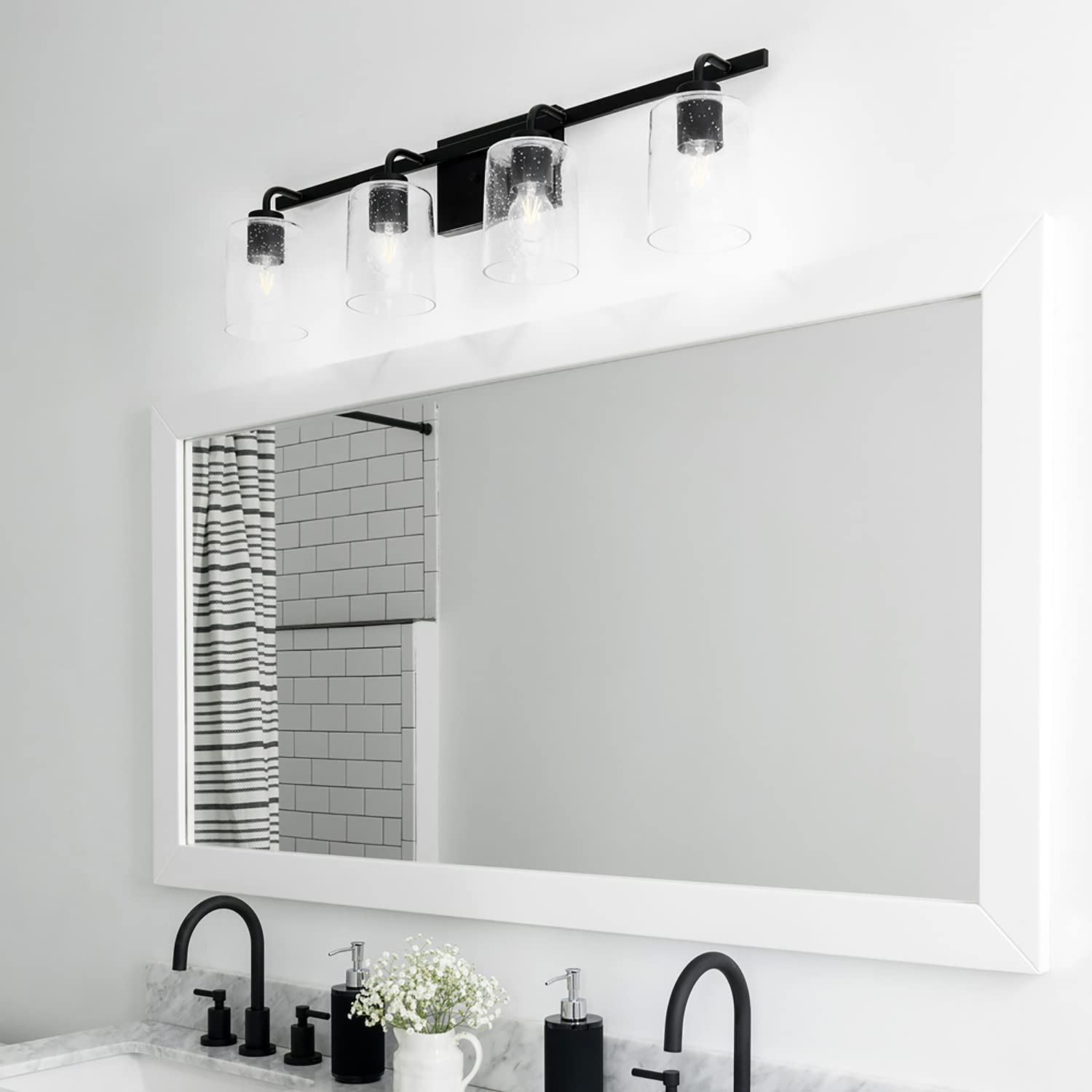 HomePlace Lighting 128541MB-449 Greyson Urban/Industrial Clear Seeded Glass Bathroom Vanity Wall Light, 4-Light 400 Total Watts, 9" H x 35" W, Matte Black