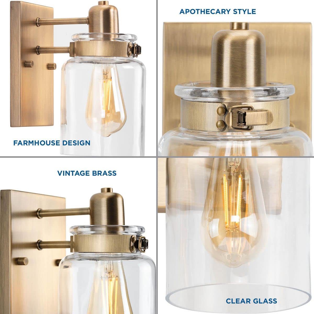 Calhoun Collection 1-Light Clear Glass Farmhouse Bath Vanity Light Vintage Brass