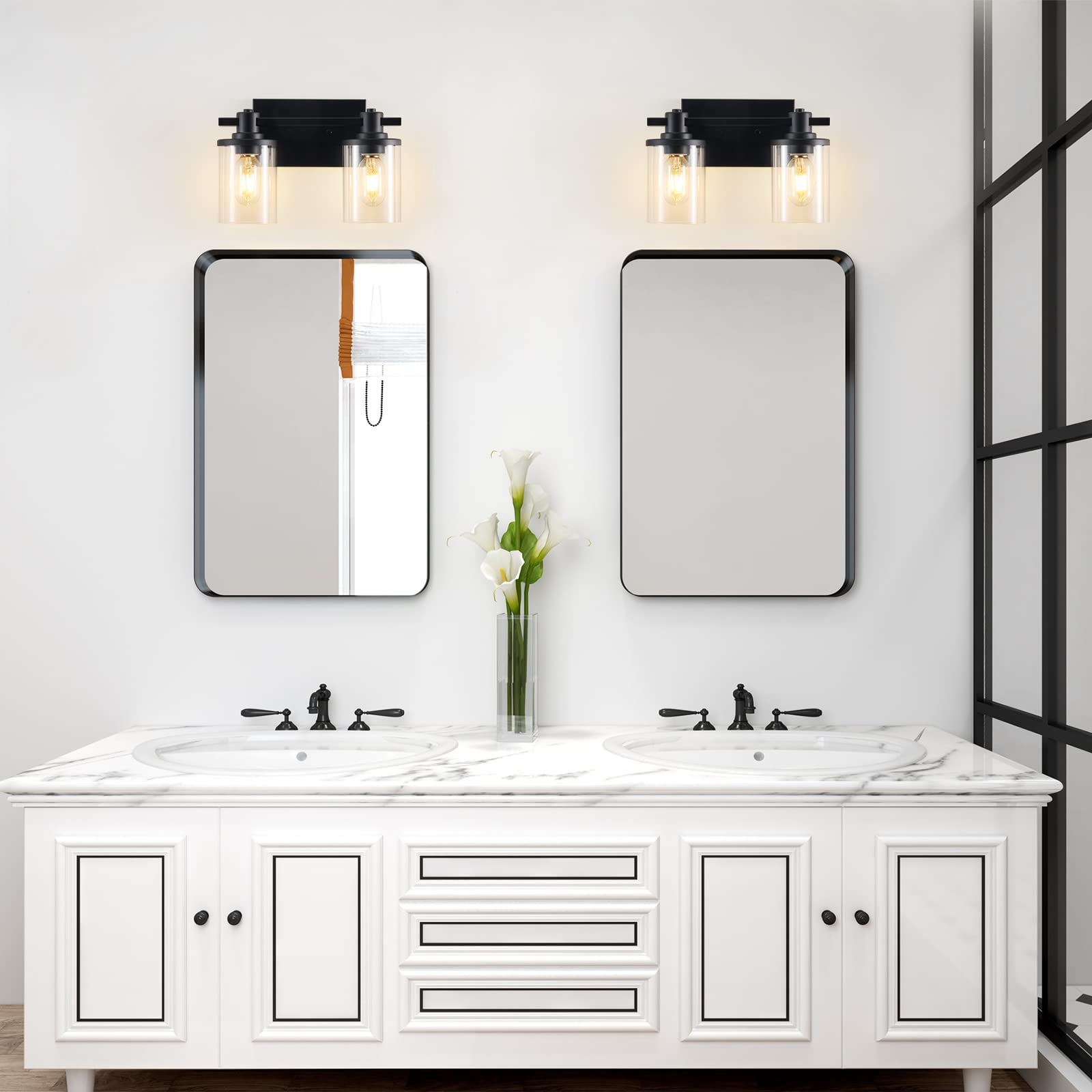 2 Light Bathroom Vanity Light, Modern Matte Black Bathroom Vanity Light Fixtures with Clear Glass Shade, Vintage Wall Sconces Lighting, Modern Bath Wall Mounted Lights for Bathroom Over Mirror