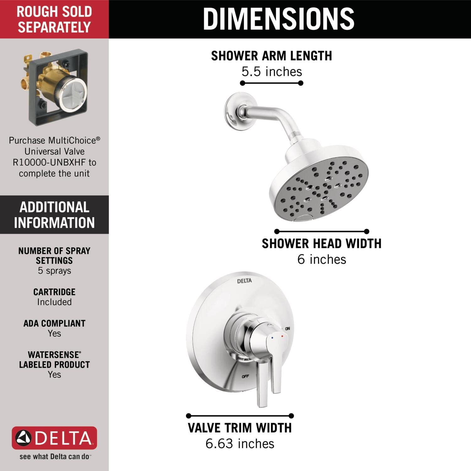 Delta Faucet Galeon Dual Function Chrome Shower Faucet with H2Okinetic Shower Head, Shower Faucet Set, Shower Trim Kit, Shower Fixtures, Lumicoat Chrome T17272-PR (Valve Not Included)