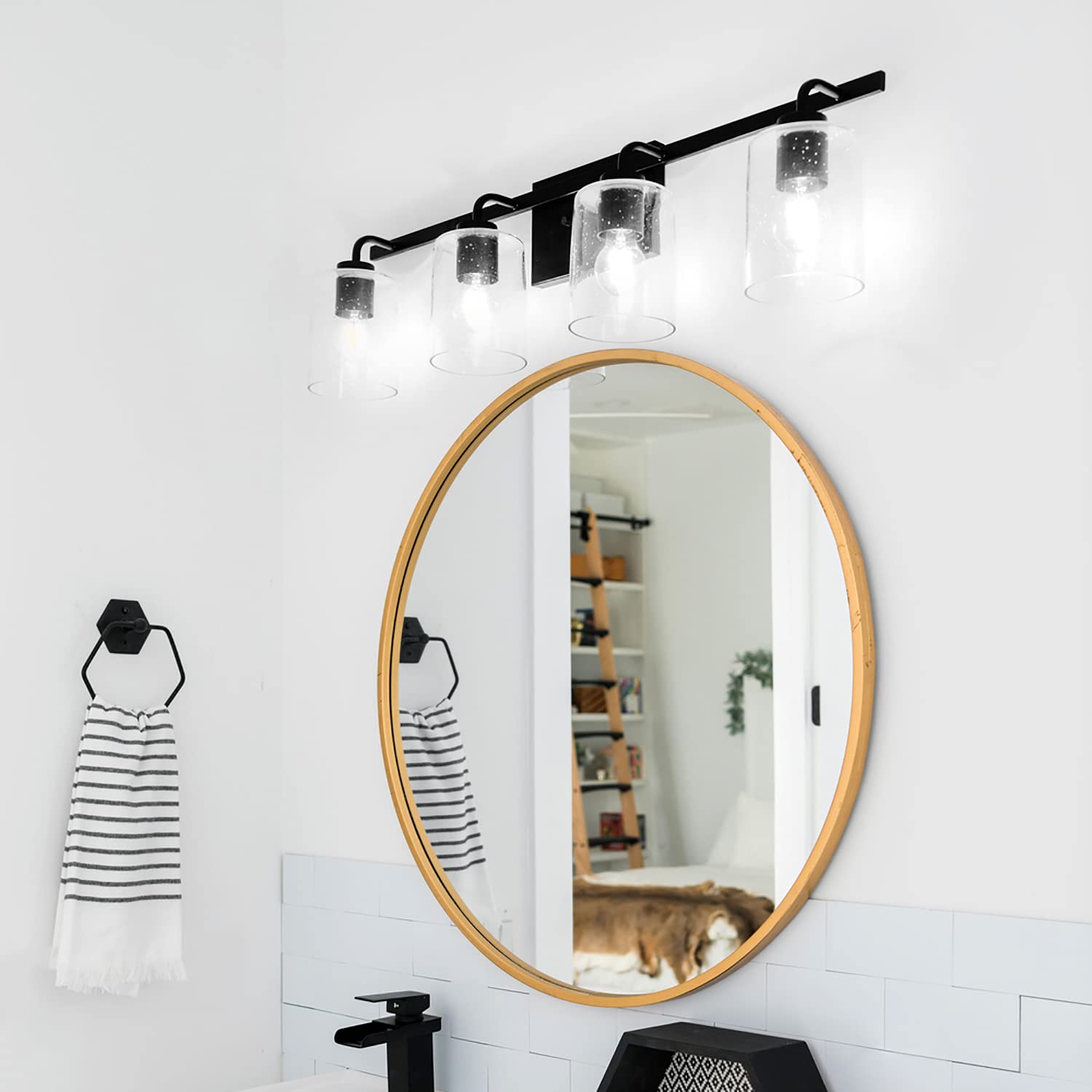 HomePlace Lighting 128541MB-449 Greyson Urban/Industrial Clear Seeded Glass Bathroom Vanity Wall Light, 4-Light 400 Total Watts, 9" H x 35" W, Matte Black