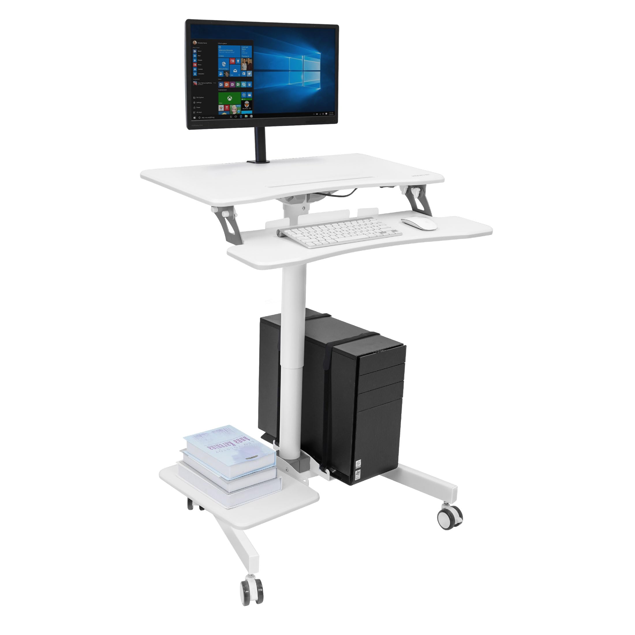 Mount-It! Mobile Rolling Small Table, Height Adjustable up to 43" Computer Desk with Wheels, Medical Nurse Hospital Workstation, Printer CPU Shelves, White Office Portable Computer Cart Keyboard Tray