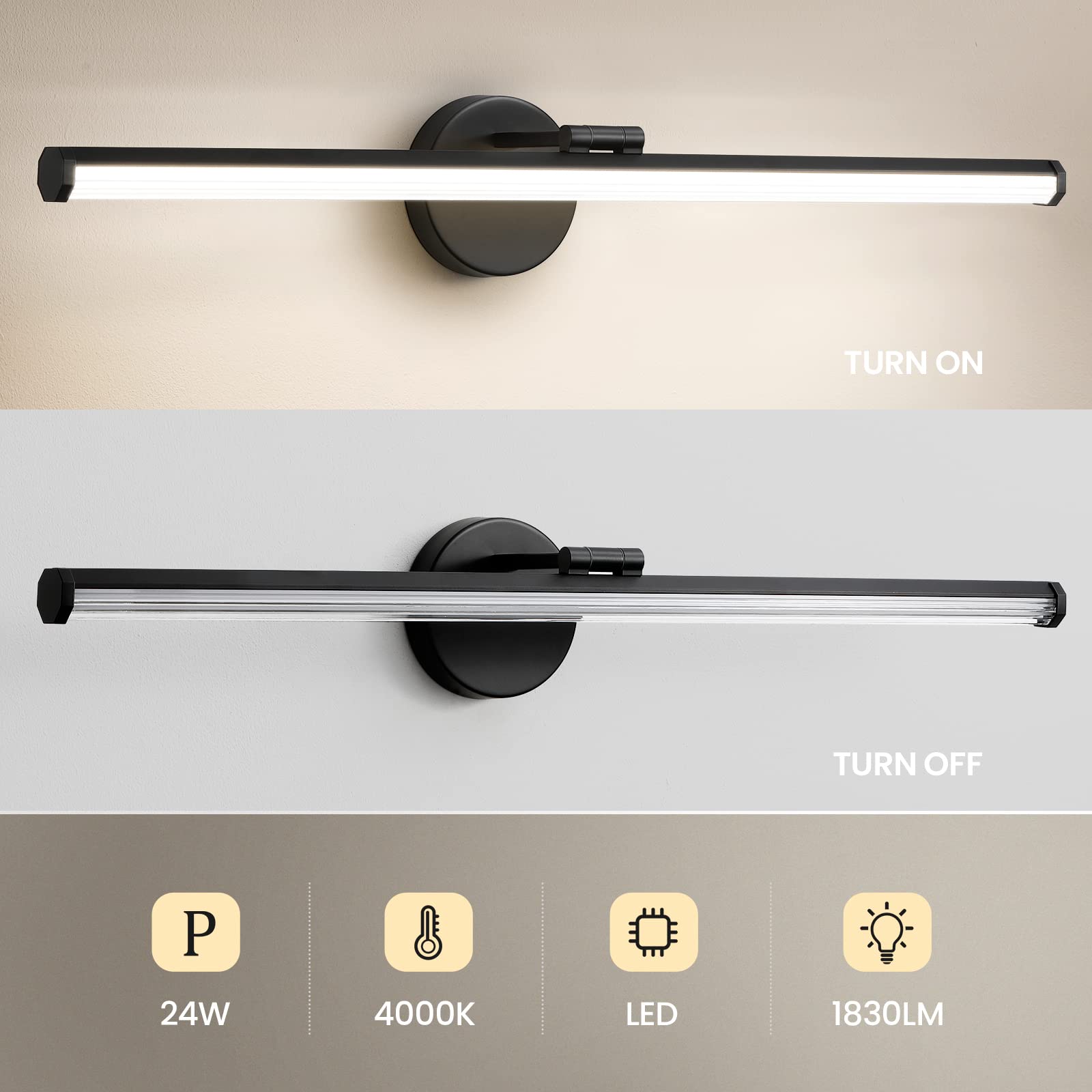 KAISITE Bathroom Light Fixture Over Mirror - 30 Inch Black Vanity Light 24W 4000K Dimmable Modern LED Bathroom Lighting Fixture Rotatable Bath Vanity Light Bar for Bathroom