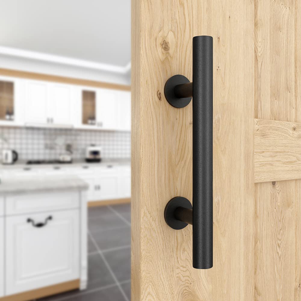 WINSOON 12"Sliding Barn Door Handles Black Hardware with Flush Finger Pull Double-Sided Design, Pull and Flush Barn Door Handle Kit, Solid Steel Material, For Gate/Garages/Cabinet, Round, Matte Black