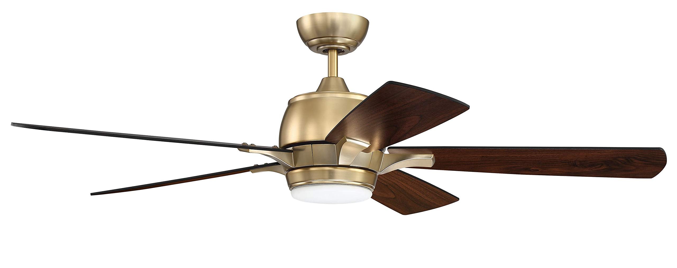 Craftmade 52" Stellar STE52SB5 Indoor Ceiling Fan, Satin Brass Finish, Reversible Flat Black/Walnut Blades, Integrated 12W LED White Frosted Glass Light Kit, CM-7W-LED Dual Wall Control Included