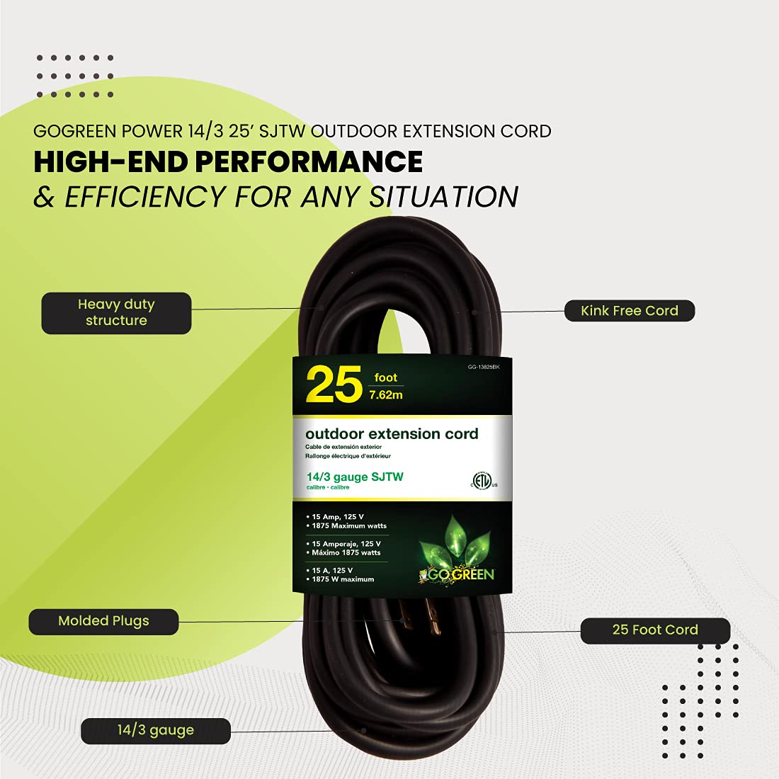 Go Green Power Inc. GG-13825BK - 14/3 SJTW Outdoor Extension Cord, Black, 25 ft