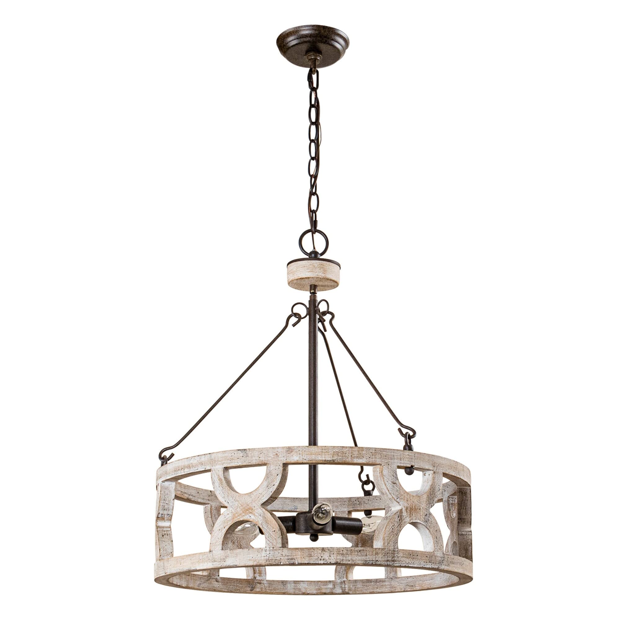 Rustic Distressed White 3-Light Drum Wood Chandelier