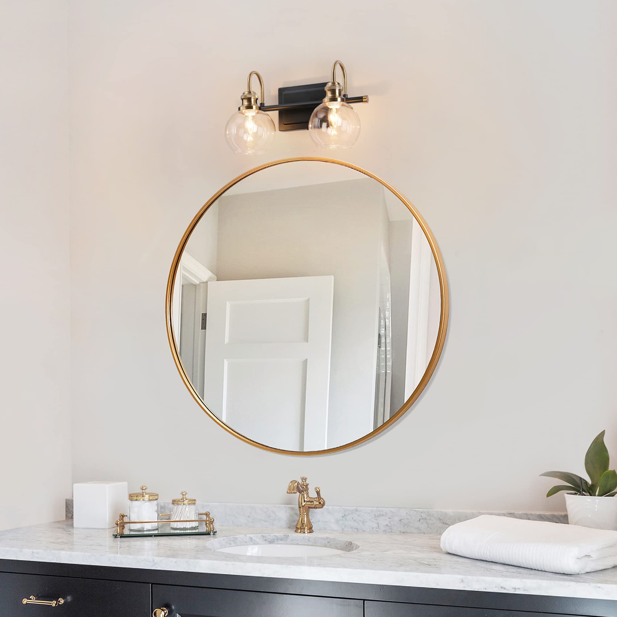 ZEVNI 2-Light Bathroom Lights Over Mirror, Black Gold Vanity Lighting Fixtures with Clear Glass Globes, 14.5" x 7" x 9"