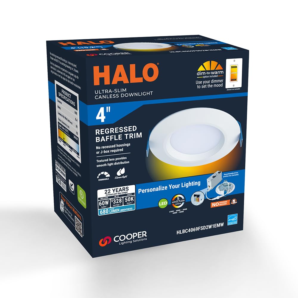 HALO HLBC 4 inch Ultra-Slim Regressed LED Downlight, Selectable CCT with Dim to Warm, Canless Installation