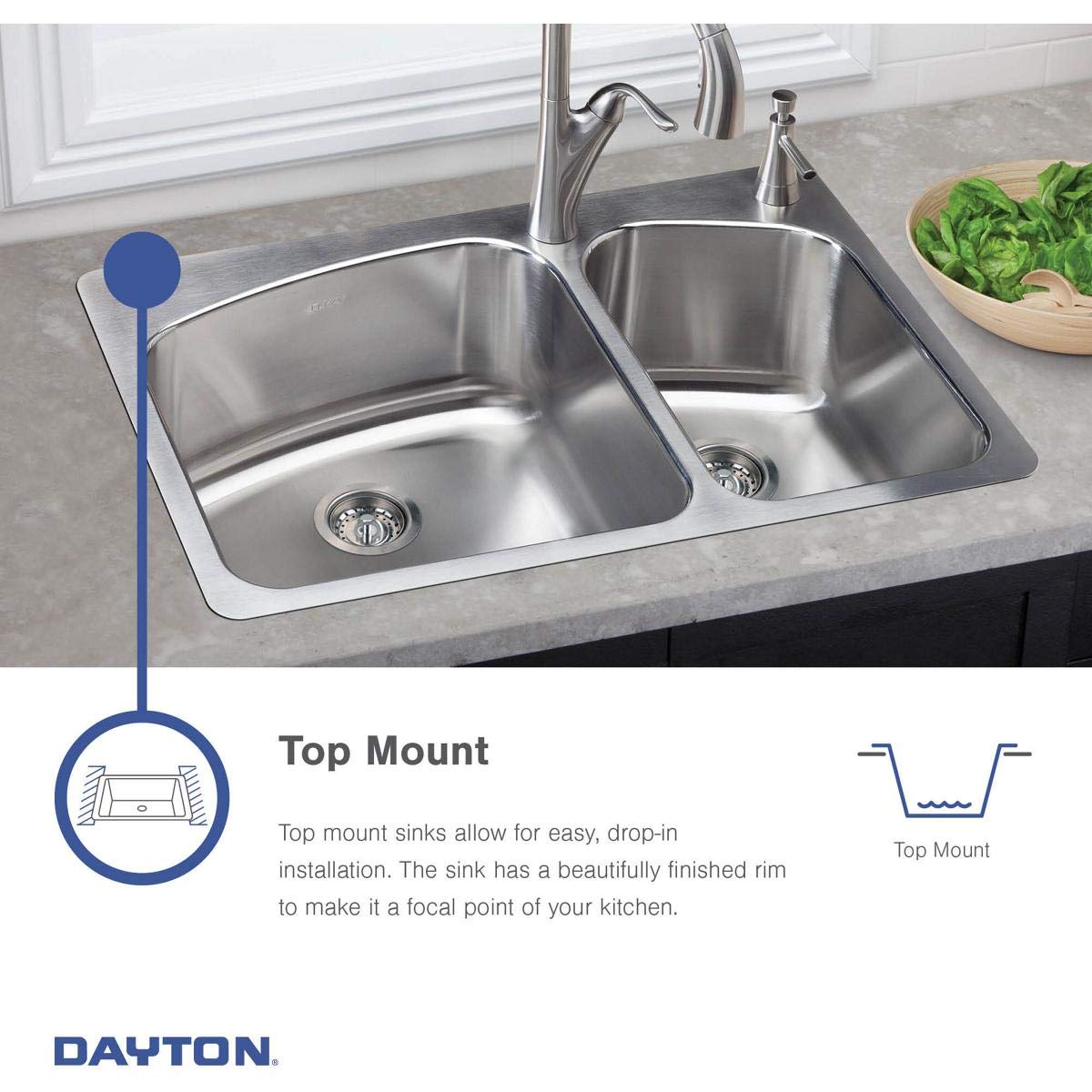 Dayton D125211 Single Bowl Top Mount Stainless Steel Sink, 25 x 21