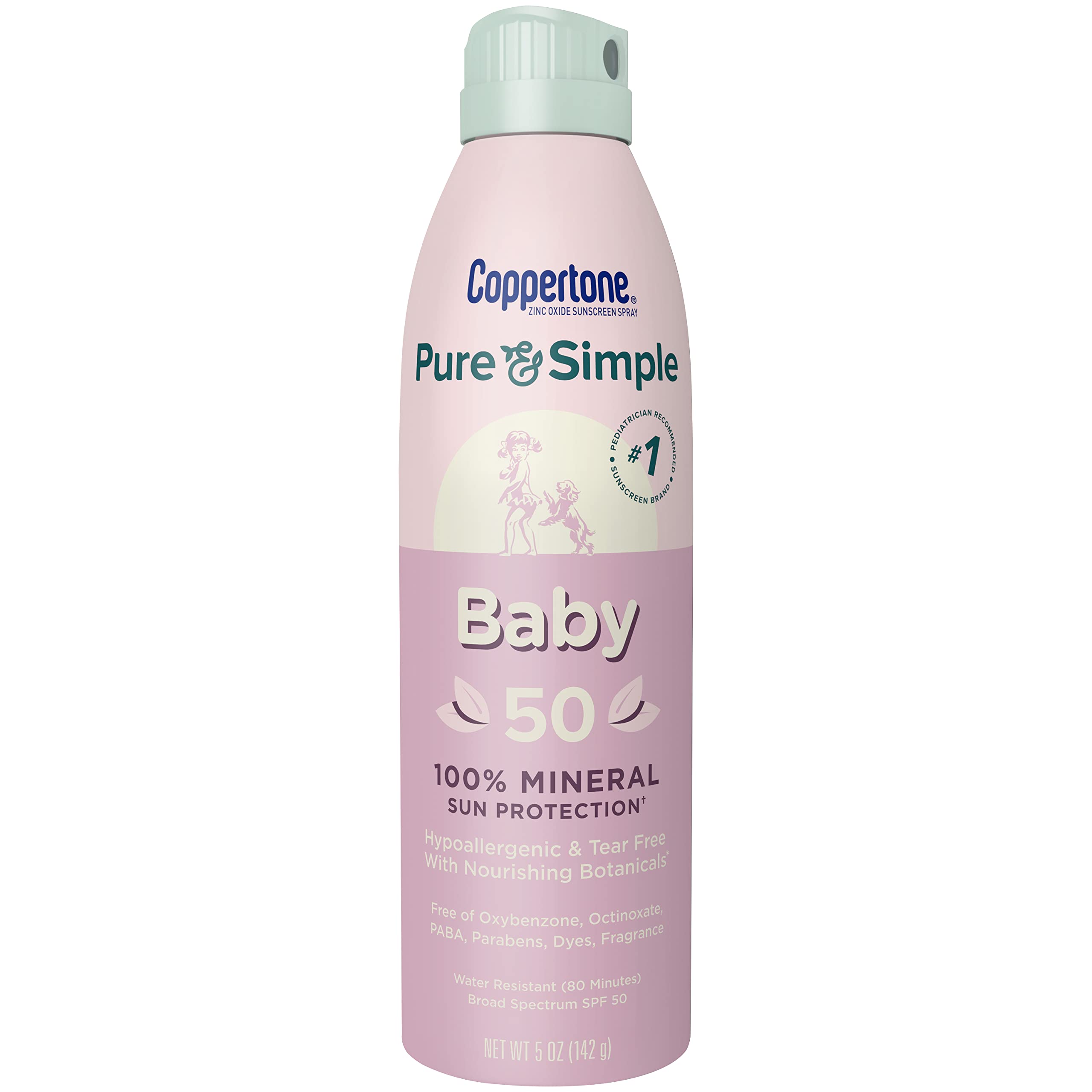 Coppertone Pure and Simple Baby Sunscreen Spray SPF 50, Zinc Oxide Mineral Sunscreen for Babies, Toddler Sunscreen, Water Resistant, Broad Spectrum SPF 50 Sunscreen, 5 Oz Spray Sunscreen