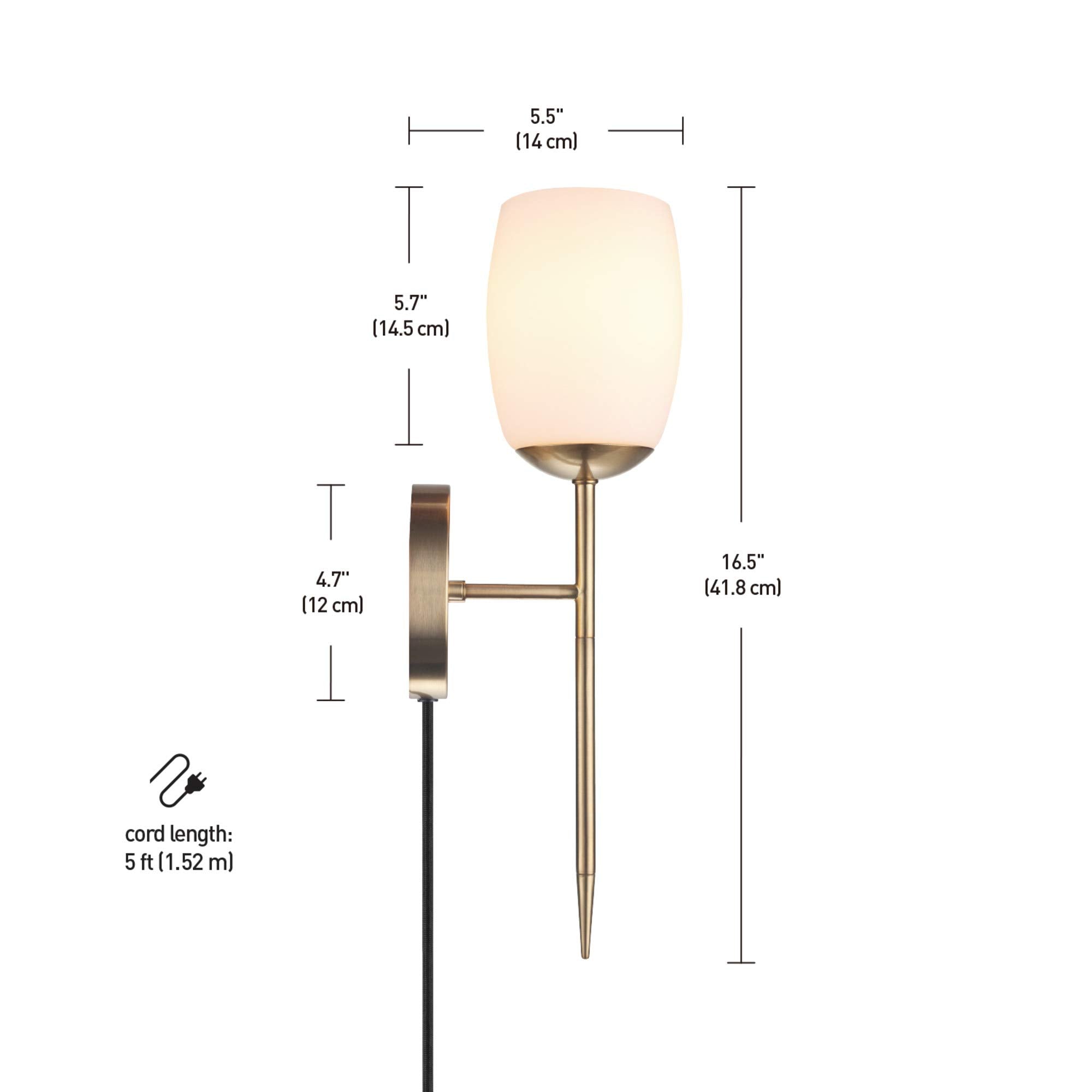 Globe Electric 51635 1-Light Plug-in or Hardwire Wall Sconce, Soft Matte Brass, Opal Glass Shade, Wall Lights for Bedroom, Kitchen Sconces, Wall Lights for Living Room, Bulb Not Included