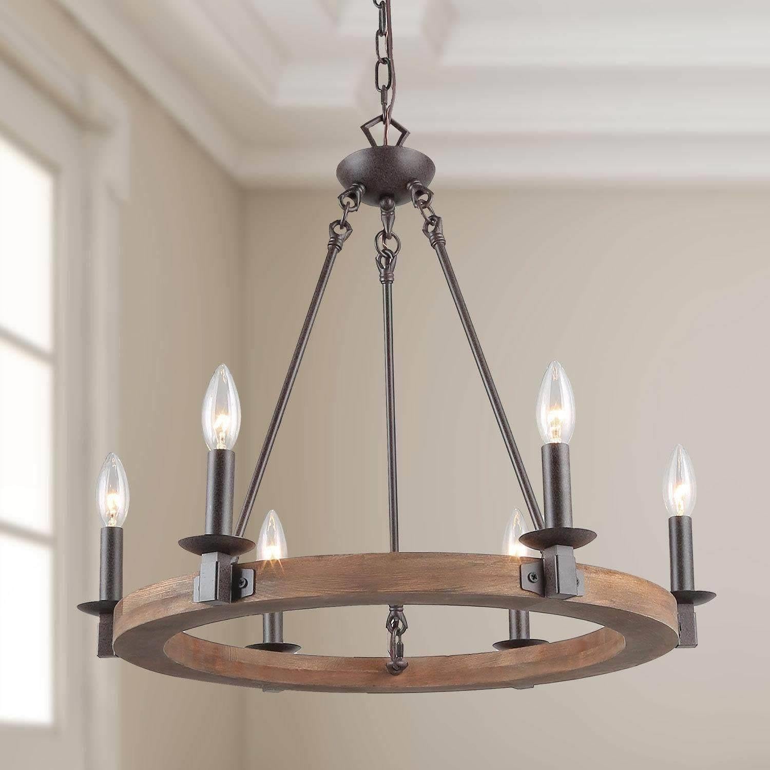 LNC Farmhouse Chandeliers for Dining Room, Wagon Wheel Chandelier, 6-Light Kitchen Island Lighting for Living Room, Entryway, Foyer