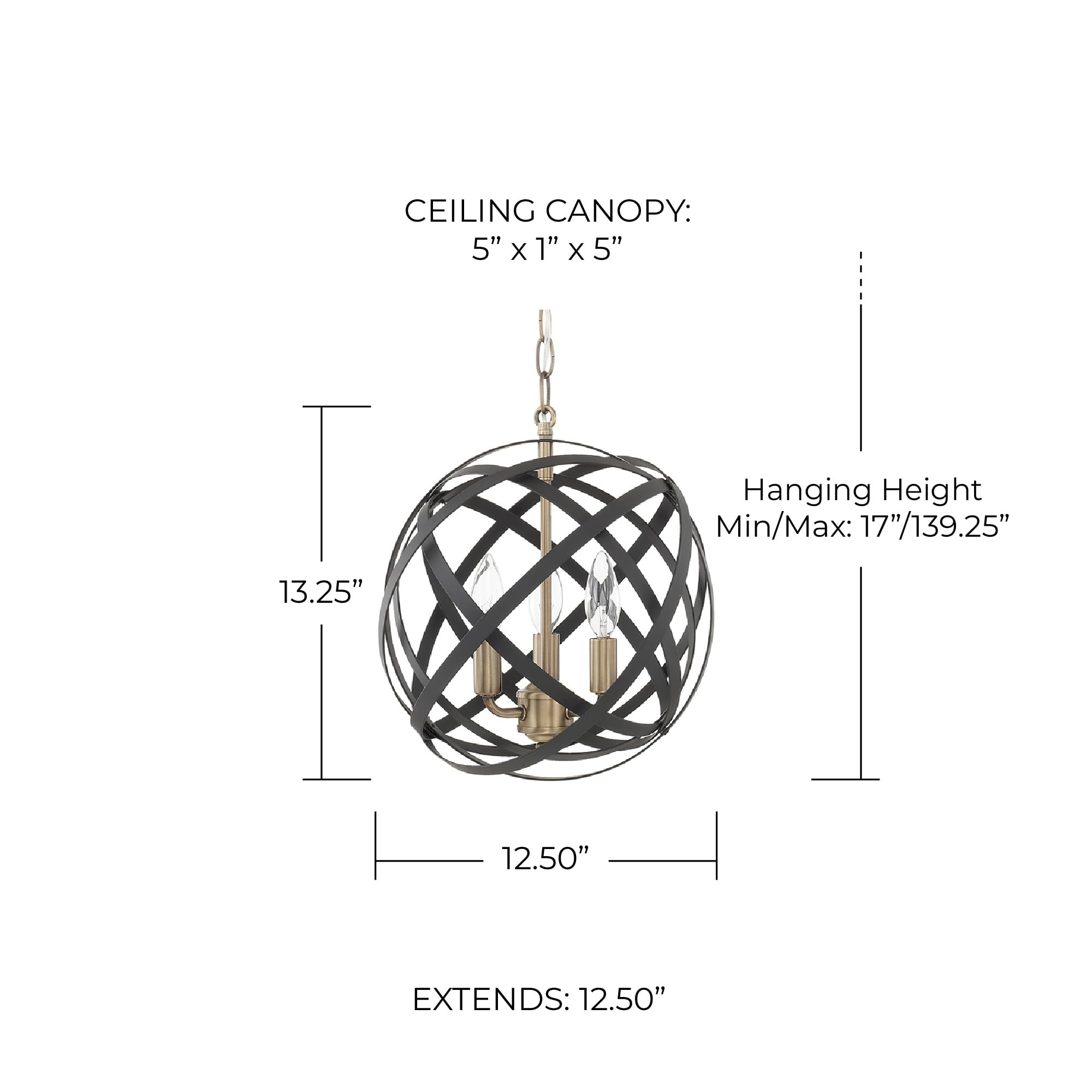 Capital Lighting 4233AB Axis Metal Ribbons Web Orb Pendant Lighting Fixture with Adjustable Bands, 3-Light 180 Total Watts, 13" H x 13" W, Aged Brass/Black