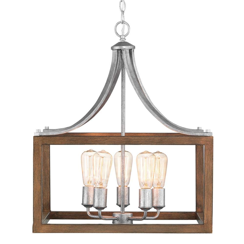 Home Decorators Collection Boswell Quarter 5-Light Galvanized Pendant with Painted Chestnut Wood Accents