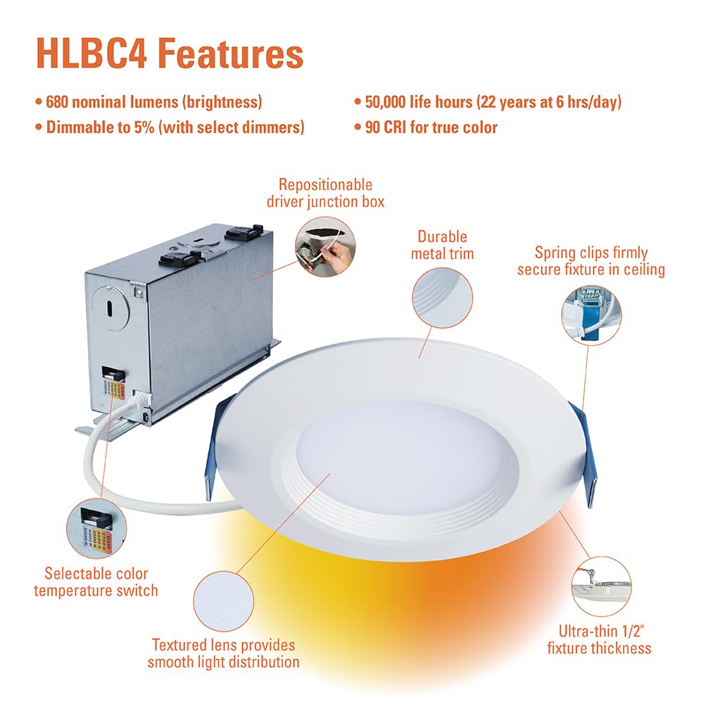 HALO HLBC 4 inch Ultra-Slim Regressed LED Downlight, Selectable CCT with Dim to Warm, Canless Installation