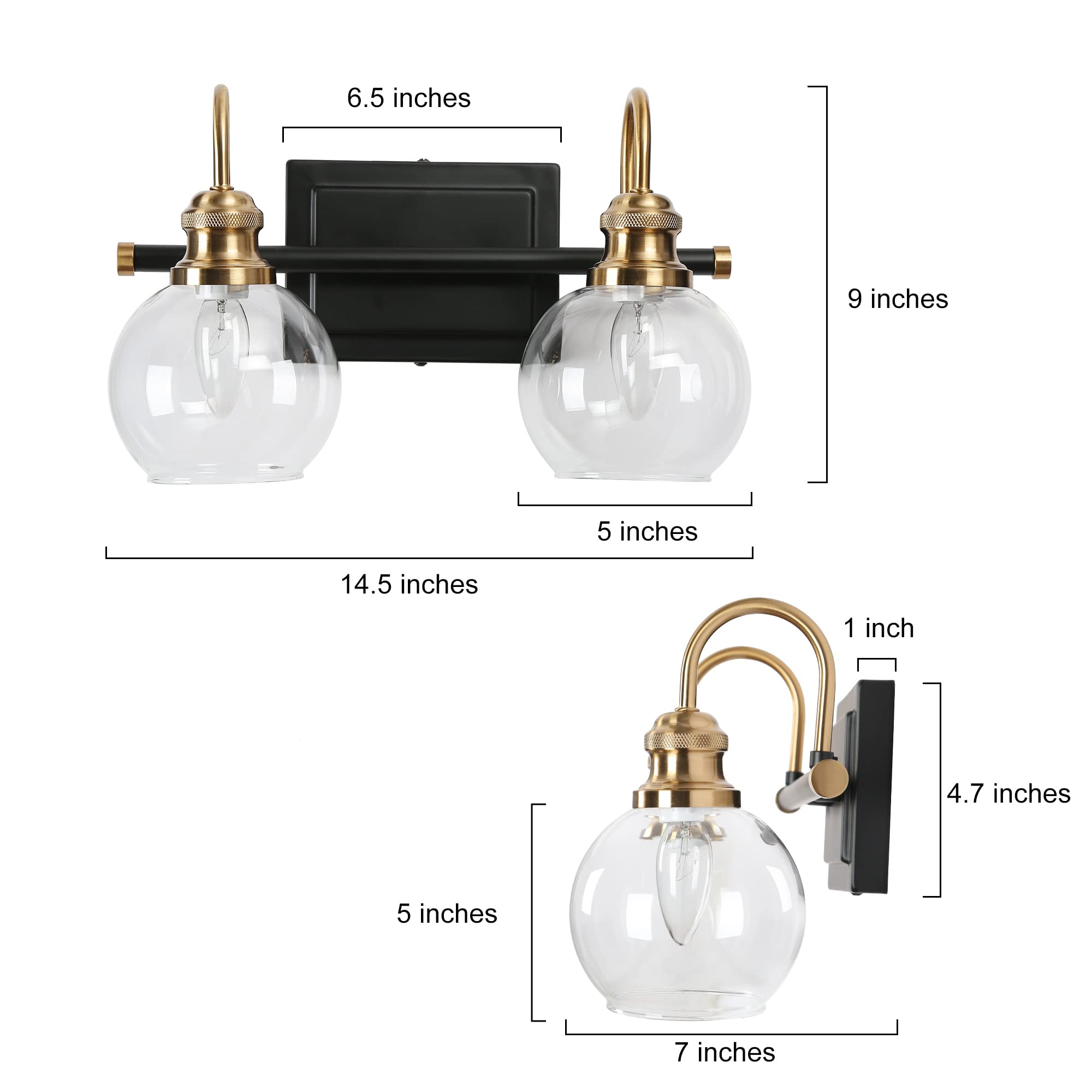 ZEVNI 2-Light Bathroom Lights Over Mirror, Black Gold Vanity Lighting Fixtures with Clear Glass Globes, 14.5" x 7" x 9"