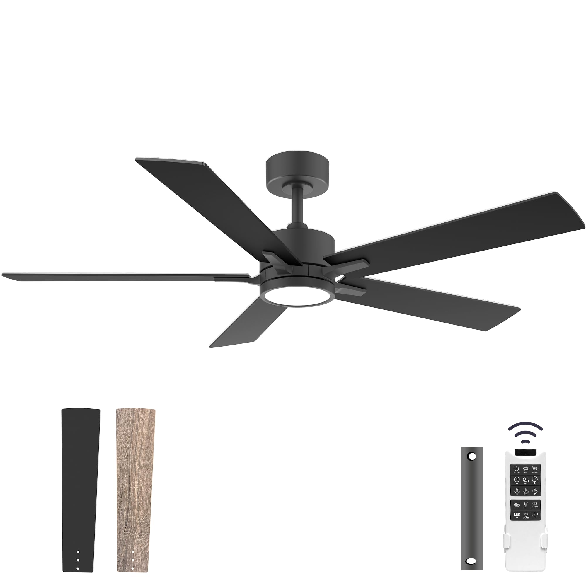 52" Ceiling Fan with Lights and Remote Control, Quiet DC Motor, Indoor outdoor Modern Ceiling Fans with Dimmable LED Light , 6-Speed, 5-Blade, Waterproof, Black/Light Brown for Bedroom, Patio, Porch