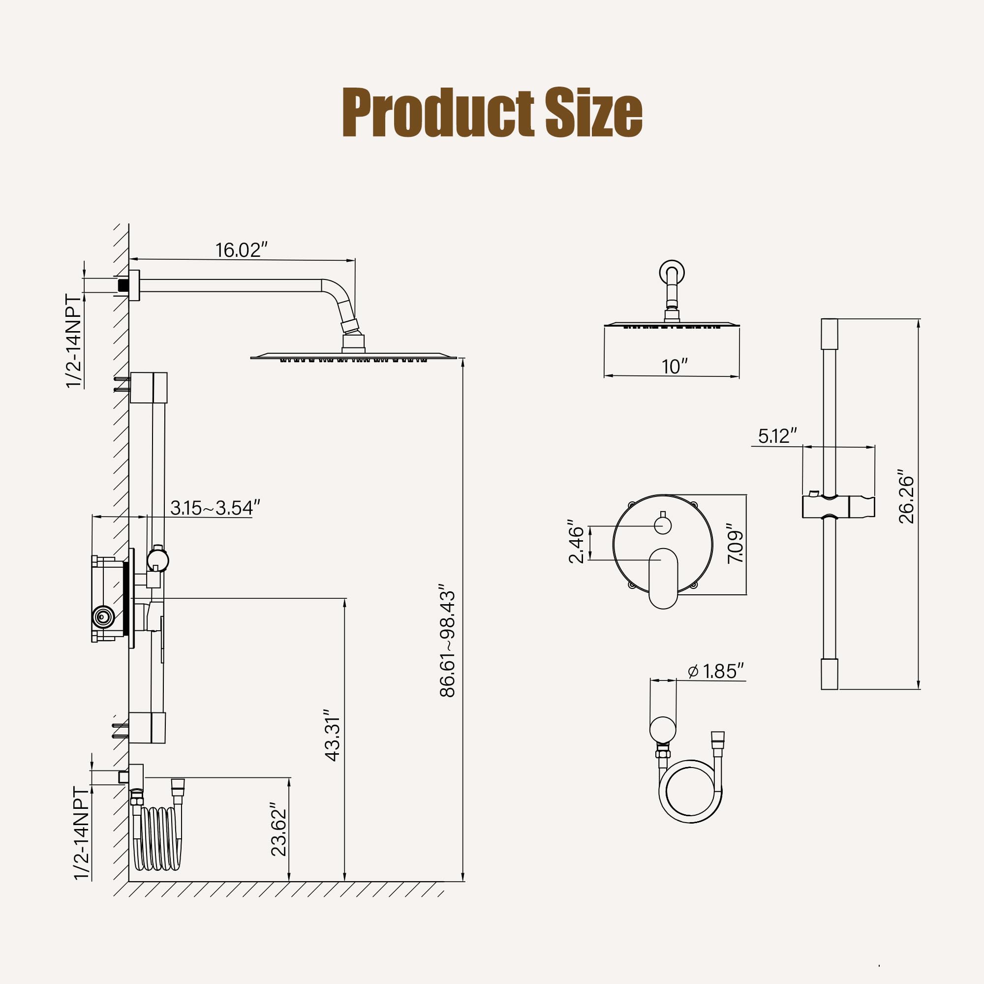 Gabrylly Shower System Black, Wall Mounted Slide Bar Shower Faucet Set Complete,High Pressure 10" Rain Shower Head with 5-Setting Handheld Shower,Shower Combo Set with Shower Valve