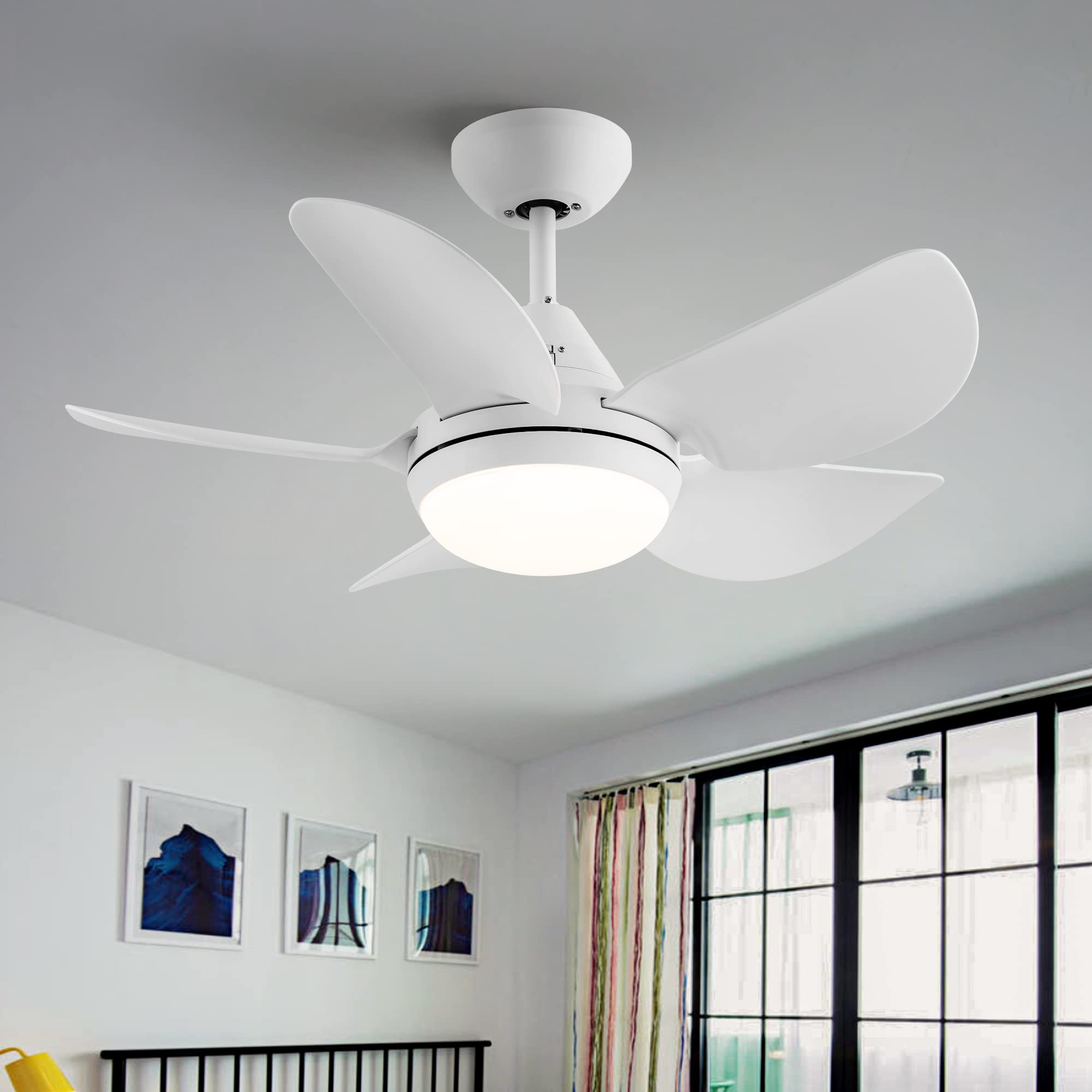 Minmup 30 Inch White Ceiling Fans with Lights and Remote with 5 Reversible Blades, Noiseless DC Motor Ceiling Fan with 3 Speeds, Timer for Living Room, Bedroom, Patio