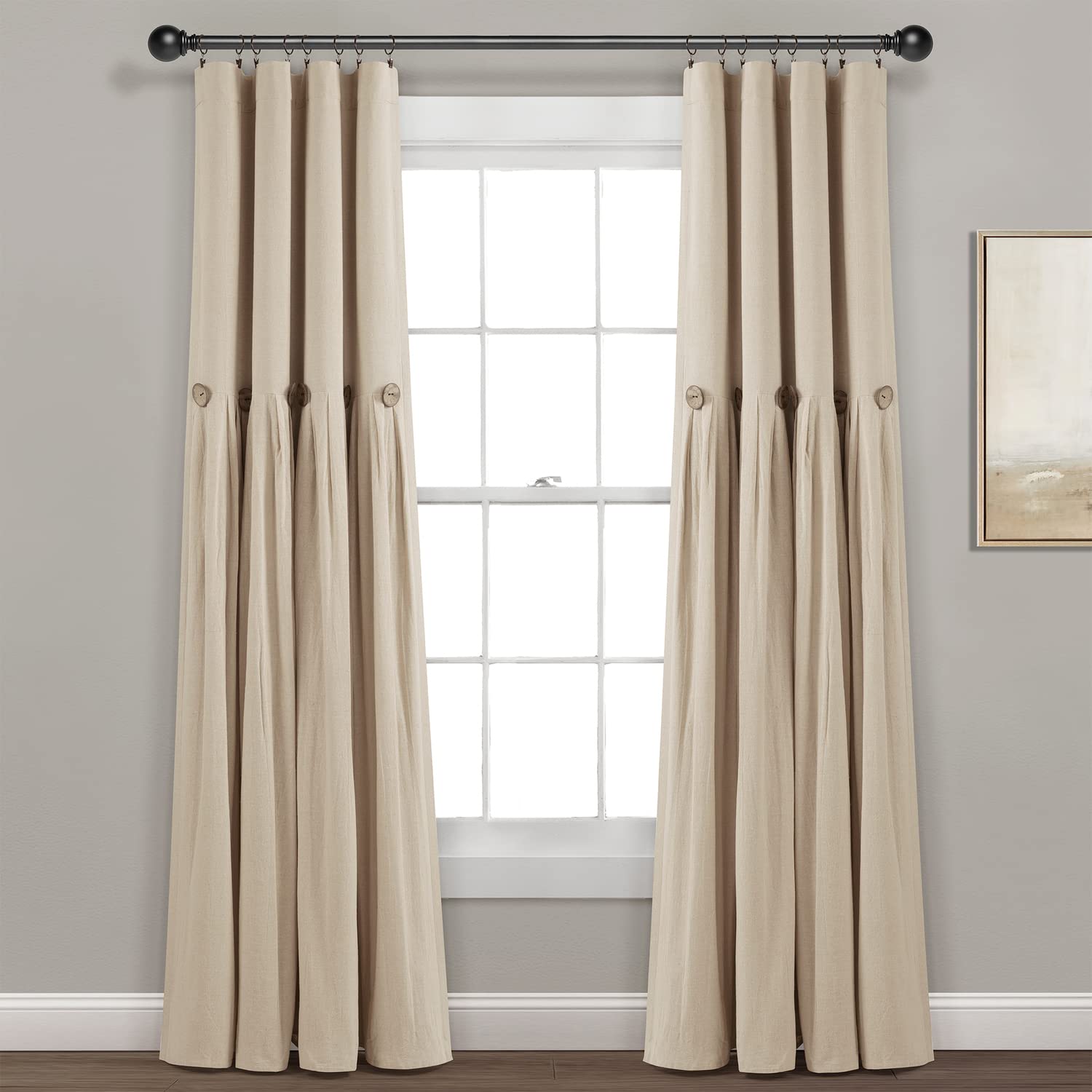 Lush Decor Linen Button 100% Lined Blackout Window Curtain - Single Panel - Pleated Color Block Design - Farmhouse Curtain With Coconut Husk Button Detail & Blackout Lining - 40" W x 84" L, Dark Linen