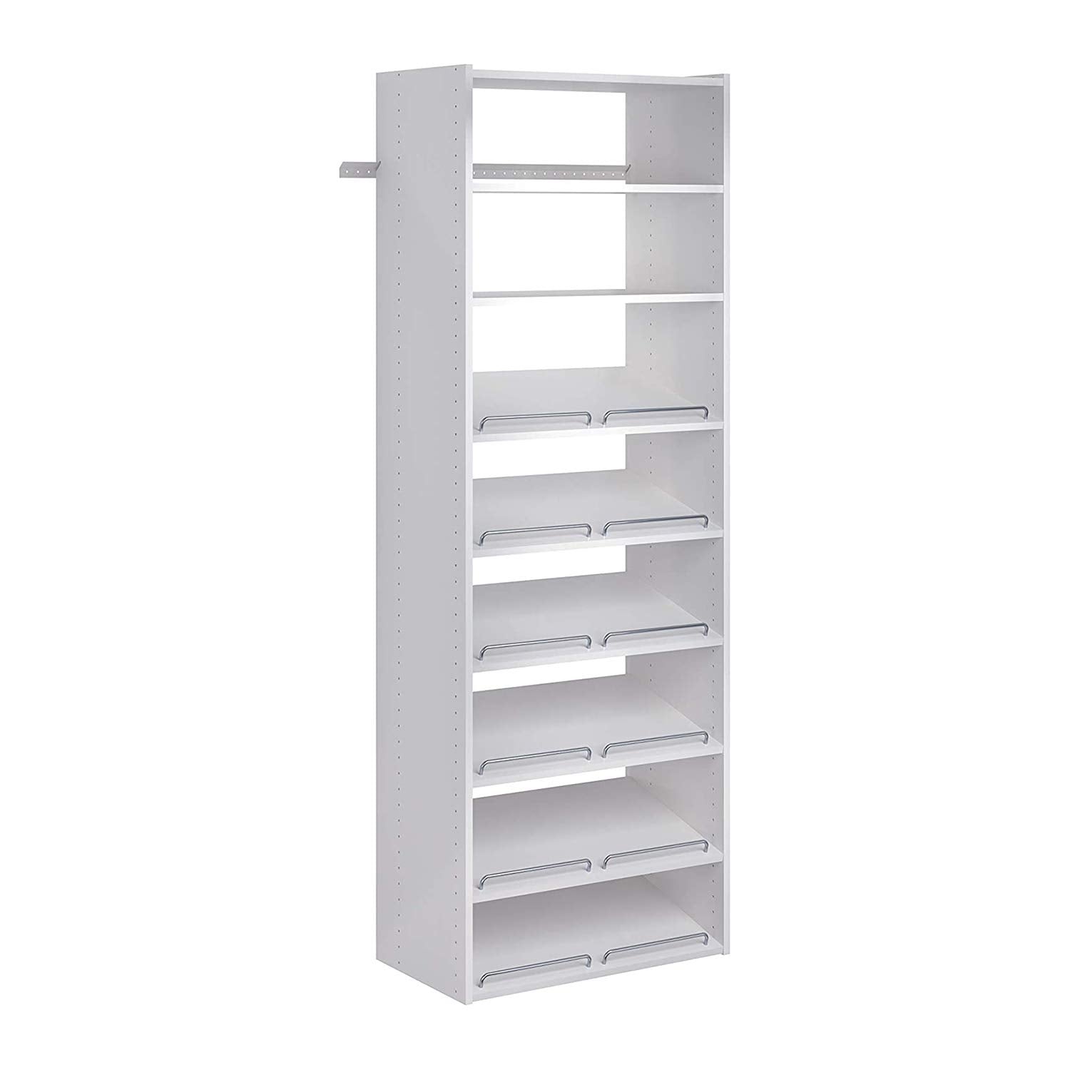 Easy Track 24 Inch Slanted Shoe Storage Shelves with Chrome Fence Rails for Closet Organizer Vertical Panels, White (3 Pack)