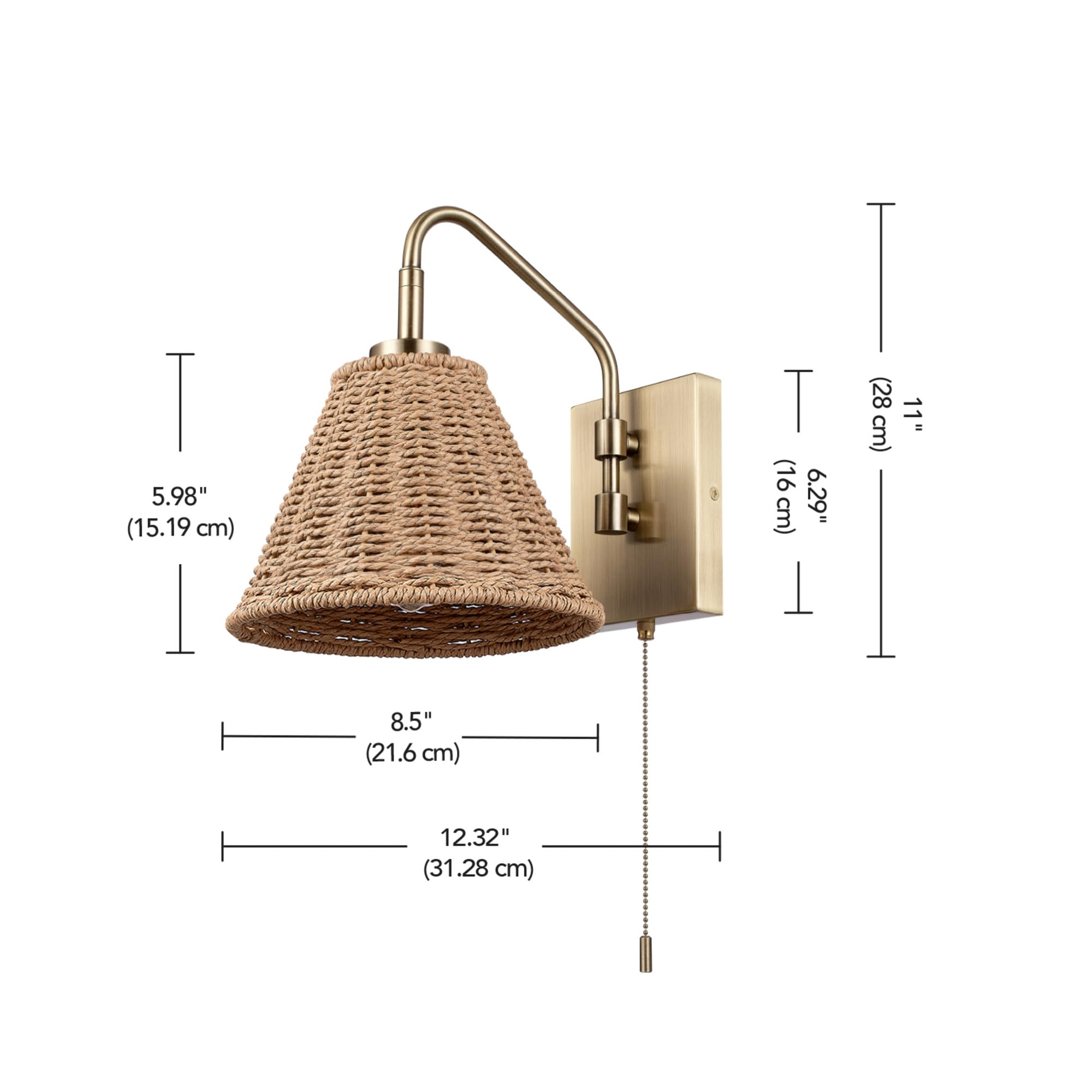 Globe Electric Novogratz x 65000052 Novogratz x Globe 1-Light Wall Sconce, Matte Brass Finish, Rattan Shade, On/Off Pull Chain Switch, Wall Lighting, Kitchen Sconces, Wall Lights for Living Room