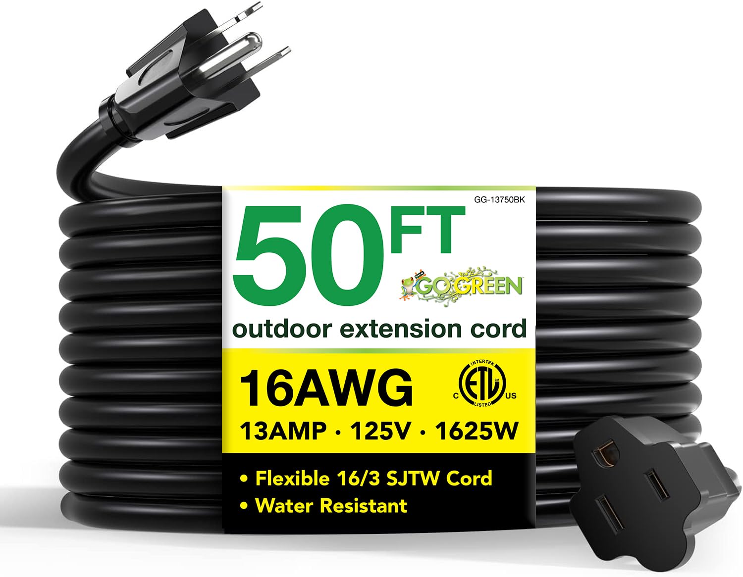 Go Green Power Inc. 16/3 50ft Black Outdoor Extension Cord - Durable, Heavy Duty, Moisture Resistant - Ideal for Tools & Equipment - GG-13750BK