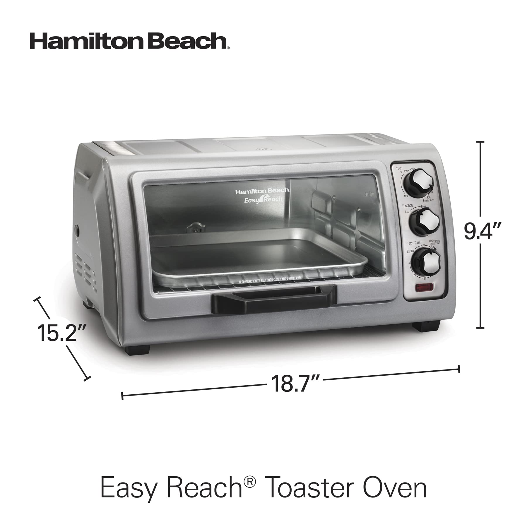 Hamilton Beach 6-Slice Countertop Toaster Oven with Easy Reach Roll-Top Door, Bake Pan, Silver (31127D)