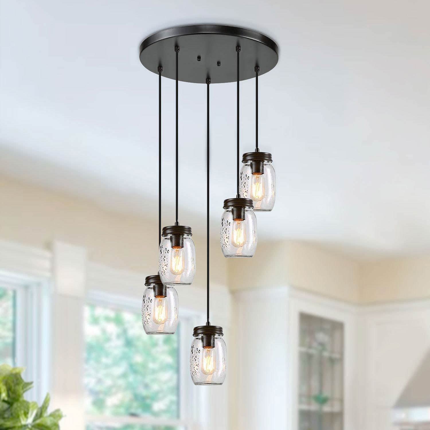 LNC Mason Jar Chandelier, 5-Light Pendant Lighting for Kitchen Island, Farmhouse Chandelier for Dining Room