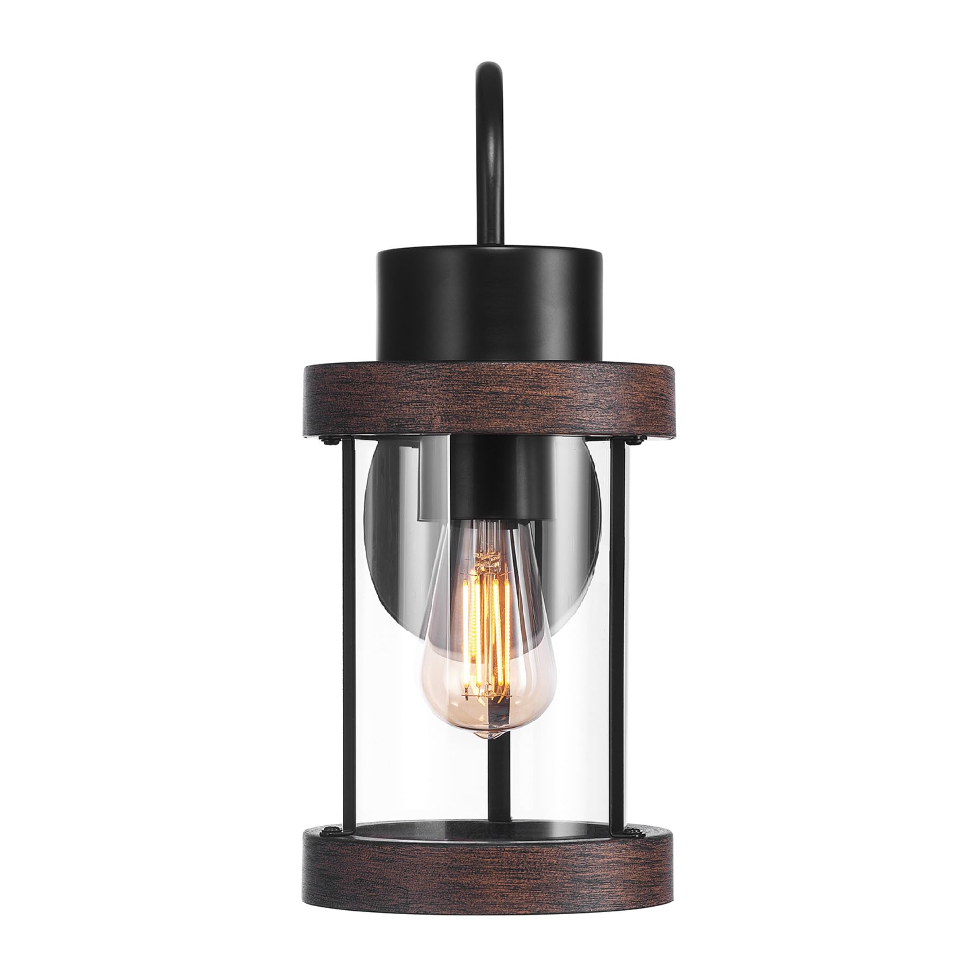 Globe Electric 60000026 1-Light Outdoor Wall Sconce, Matte Black, Faux Wood Accent, Clear Glass Shade, E26 Bulb Required, Outdoor Lighting Modern, Front Porch Décor, Wall Lighting