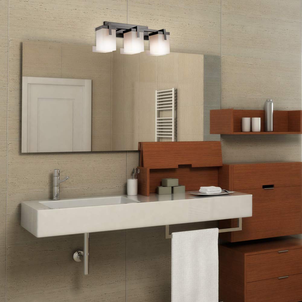 Globe Electric Helena 51246 3 Vanity Light, Dark Bronze, Square Off-White Frosted Glass Shades, Bulb Not Included