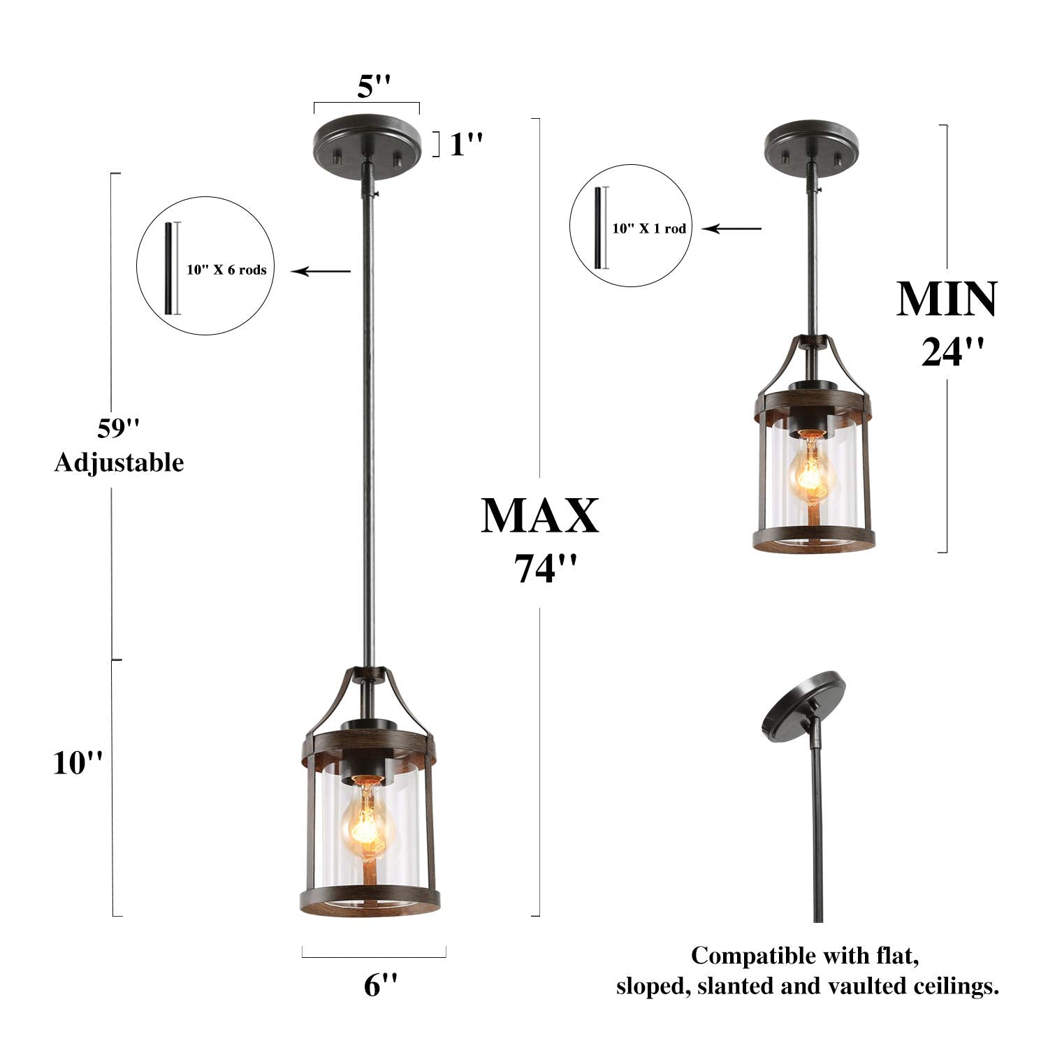 LNC Farmhouse Mini Faux Wood Pendant Lighting with Clear Cylinder Glass Shade for Kitchen Island, Bedroom, Foyer and Entryway , Brown