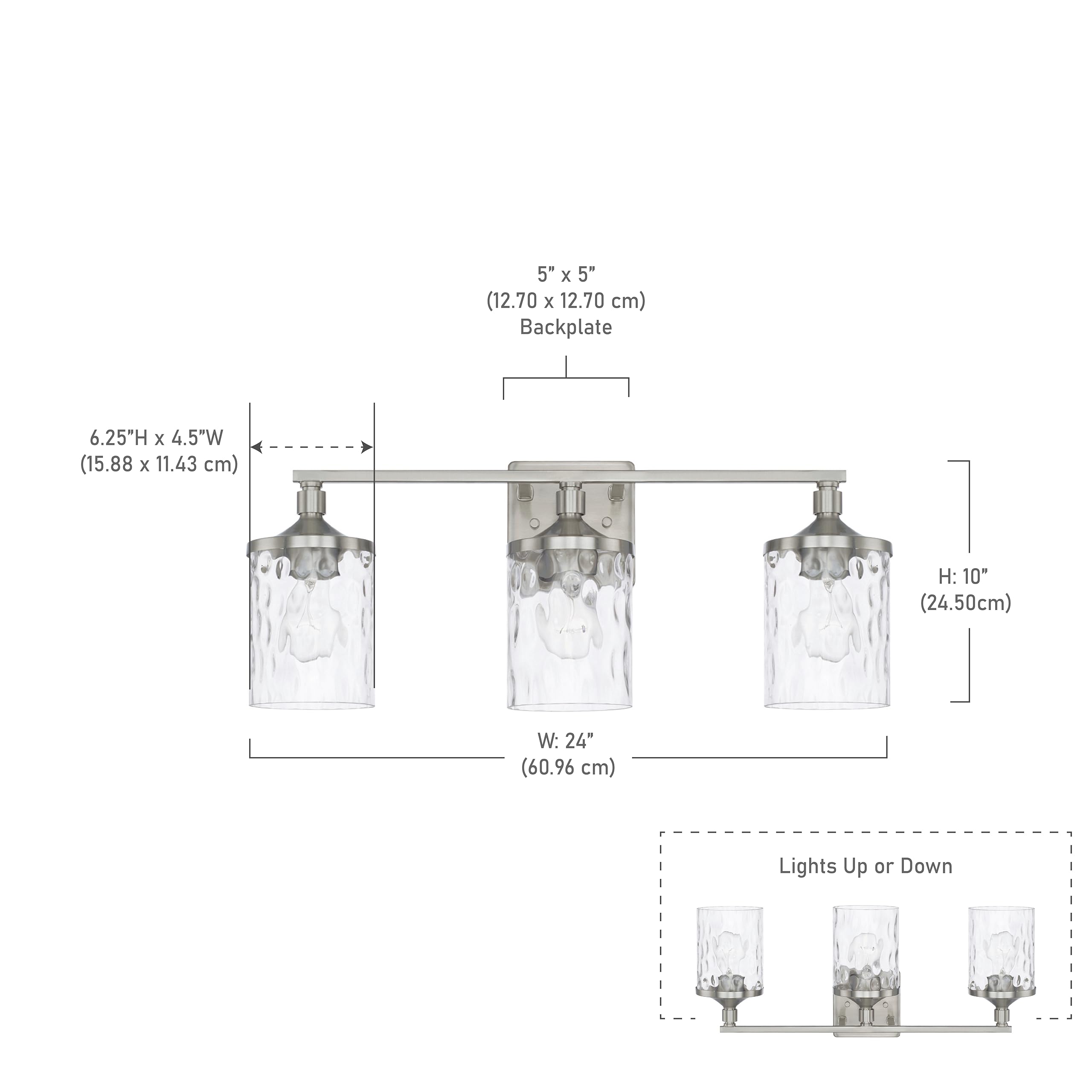 HomePlace Lighting 128831BN-451 Colton Mid-Century Clear Water Glass Bathroom Vanity Wall Light, 3-Light 300 Total Watts, 10" H x 24" W, Brushed Nickel