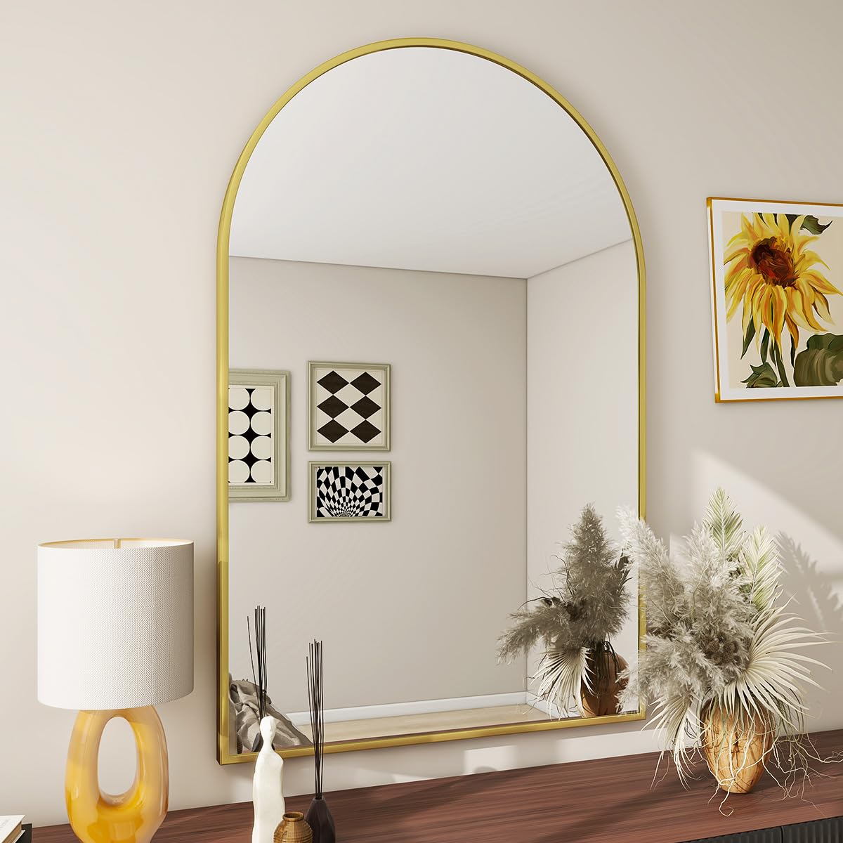 BEAUTYPEAK Wall Mounted Mirror, 26 inch x38 inch Arch Bathroom Mirror, Gold Vanity Wall Mirror w/ Metal Frame for Bedroom, Entryway, Living Room