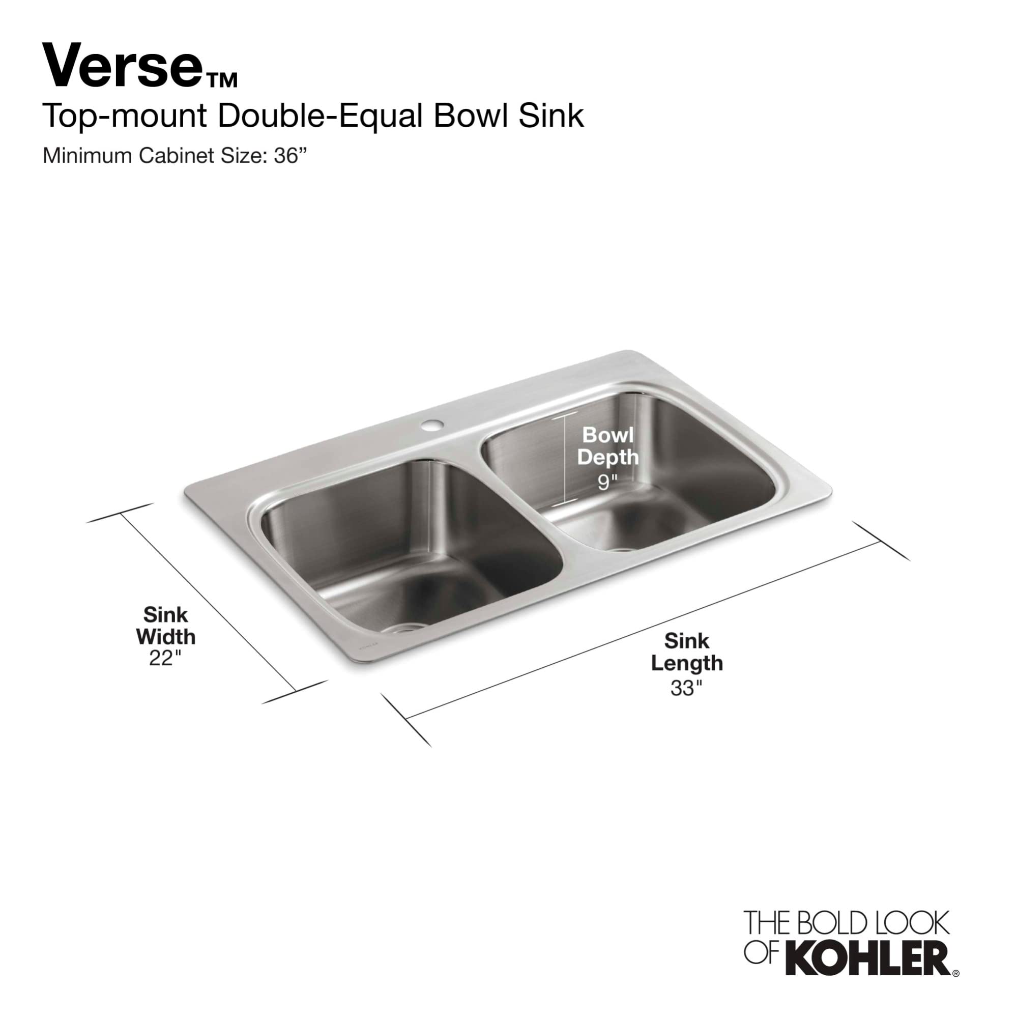 Kohler 5267-3-NA Verse 33" x 22" x 9-1/4" top-mount double-equal bowl kitchen sink with 3 faucet holes