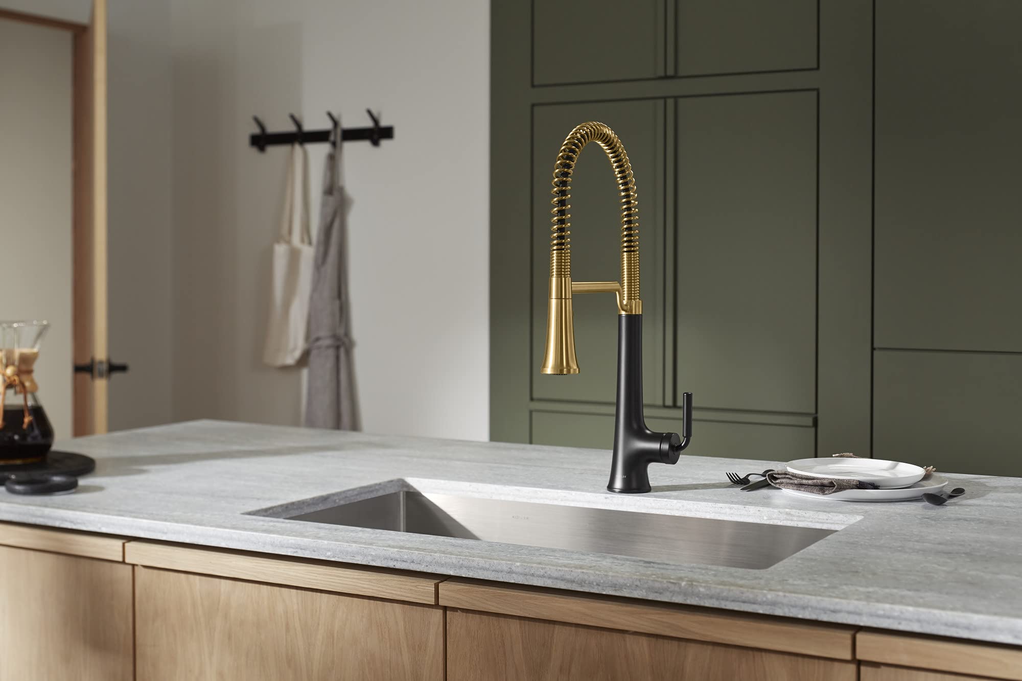 KOHLER 23765-BMB Tone Semi Professional Kitchen Faucet, Matte Black Moderne Brass