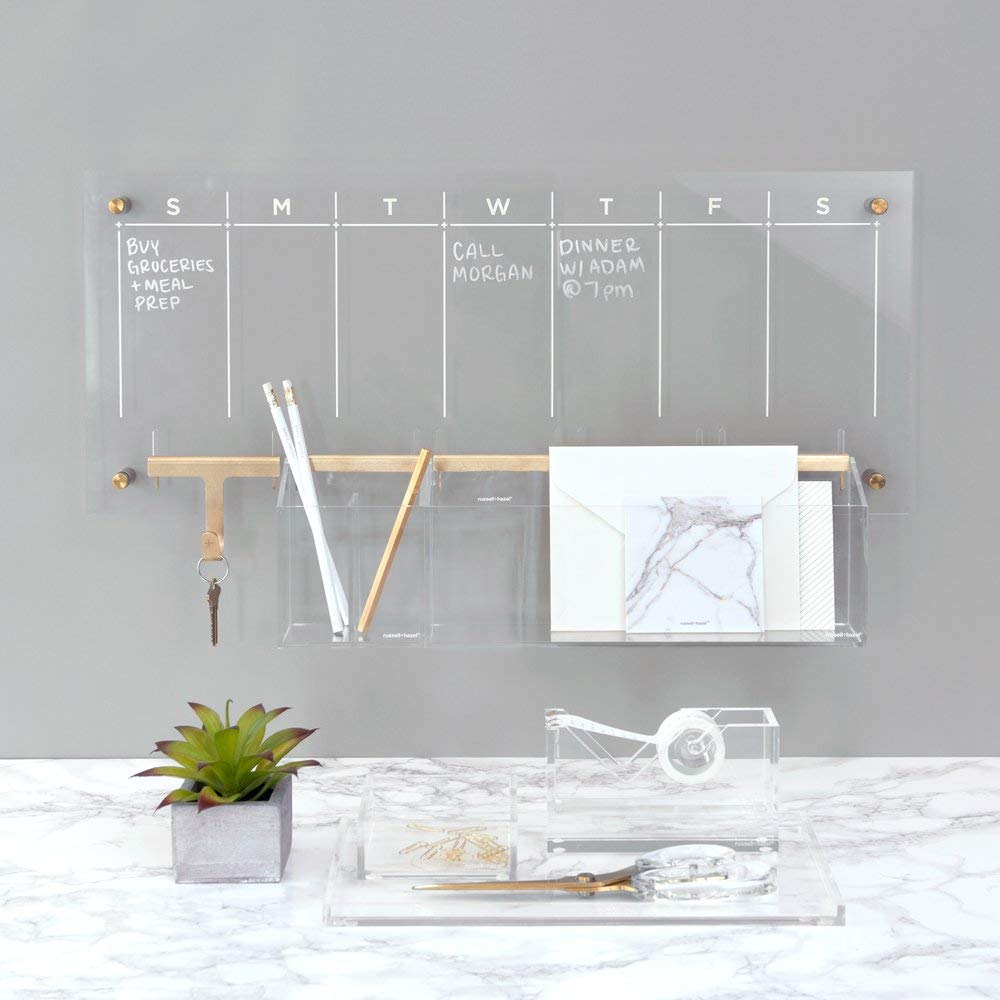 russell+hazel Acrylic Weekly Wall Calendar, Clear and Gold-Tone, Includes Wet Erase Markers and Mounting Hardware, 24” x 10” x .25”, 44623