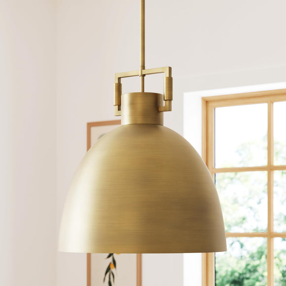 Nathan James Leigh Pendant Lighting, Hanging Ceiling Light with Oversized Metal Shade and Adjustable Cord, for Kitchen Island or Entryway, Antiqued Brass