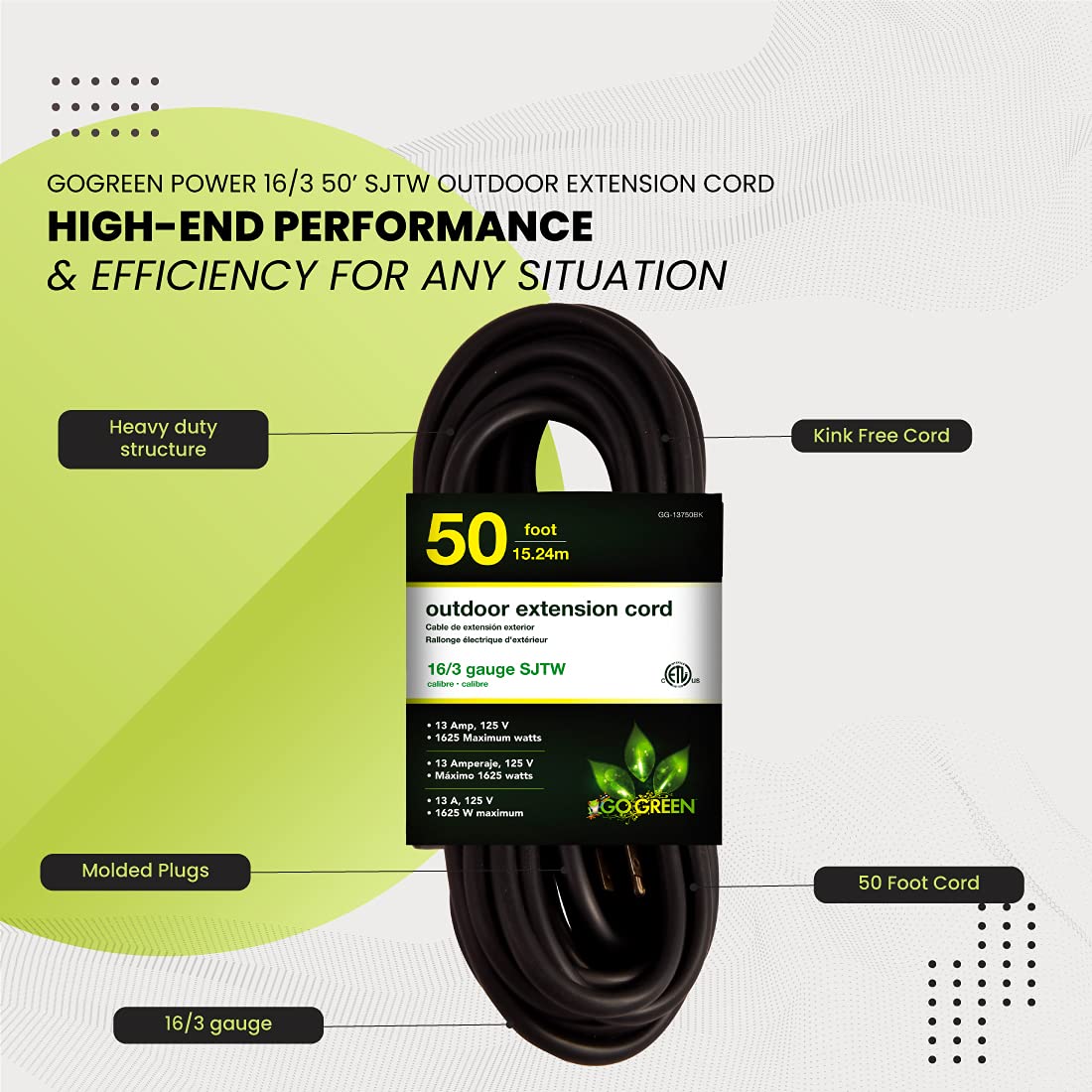 Go Green Power Inc. 16/3 50ft Black Outdoor Extension Cord - Durable, Heavy Duty, Moisture Resistant - Ideal for Tools & Equipment - GG-13750BK