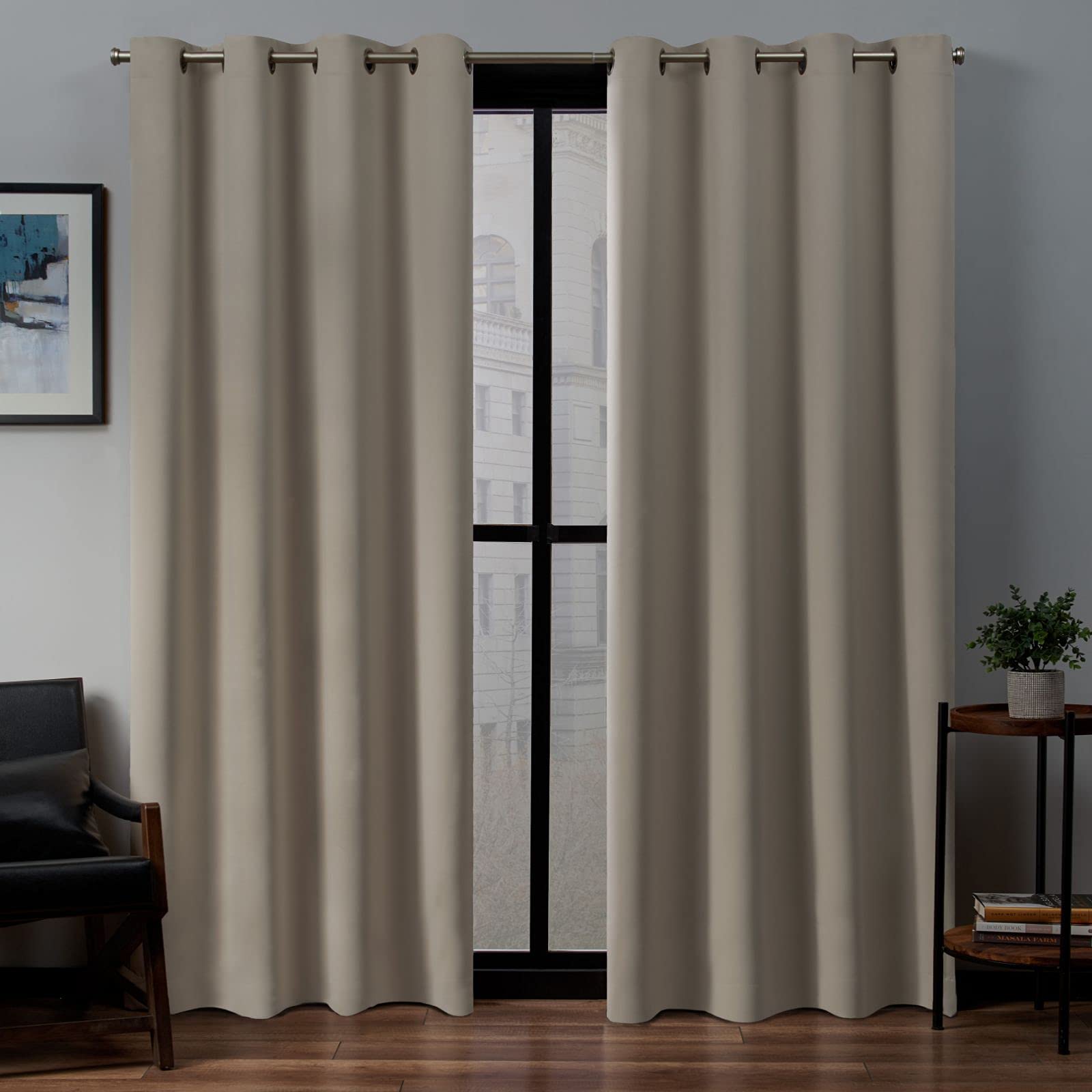 Exclusive Home Sateen Twill Woven Room Darkening Blackout Grommet Top Curtain Panel Pair, 52"x108", Stone