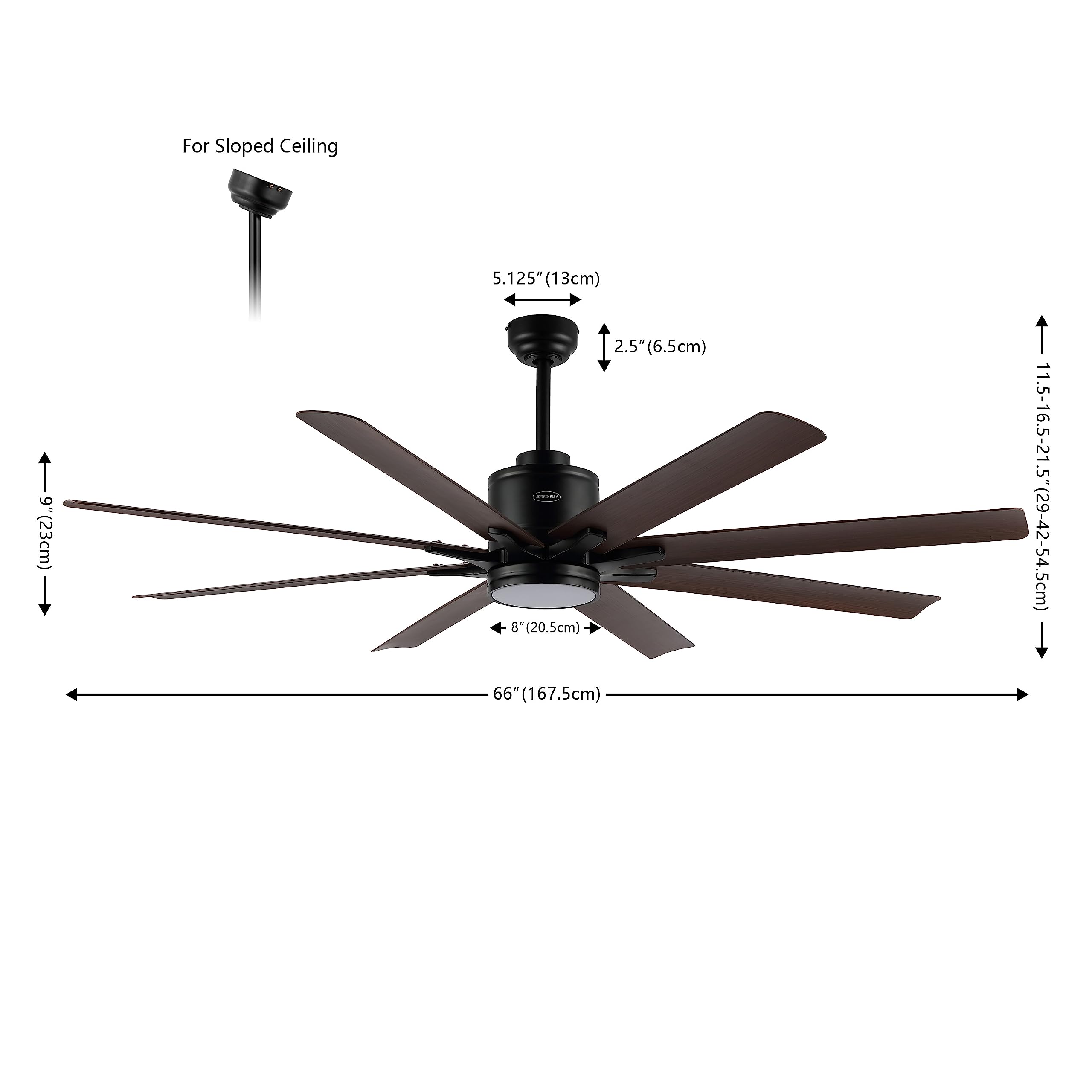 JONATHAN Y JYL9713B Octo 66" 1-Light Contemporary Industrial Iron/Plastic Mobile-App/Remote-Controlled 6-Speed Ceiling Fan with Integrated LED Light, Black/Neutral Brown Wood Finish