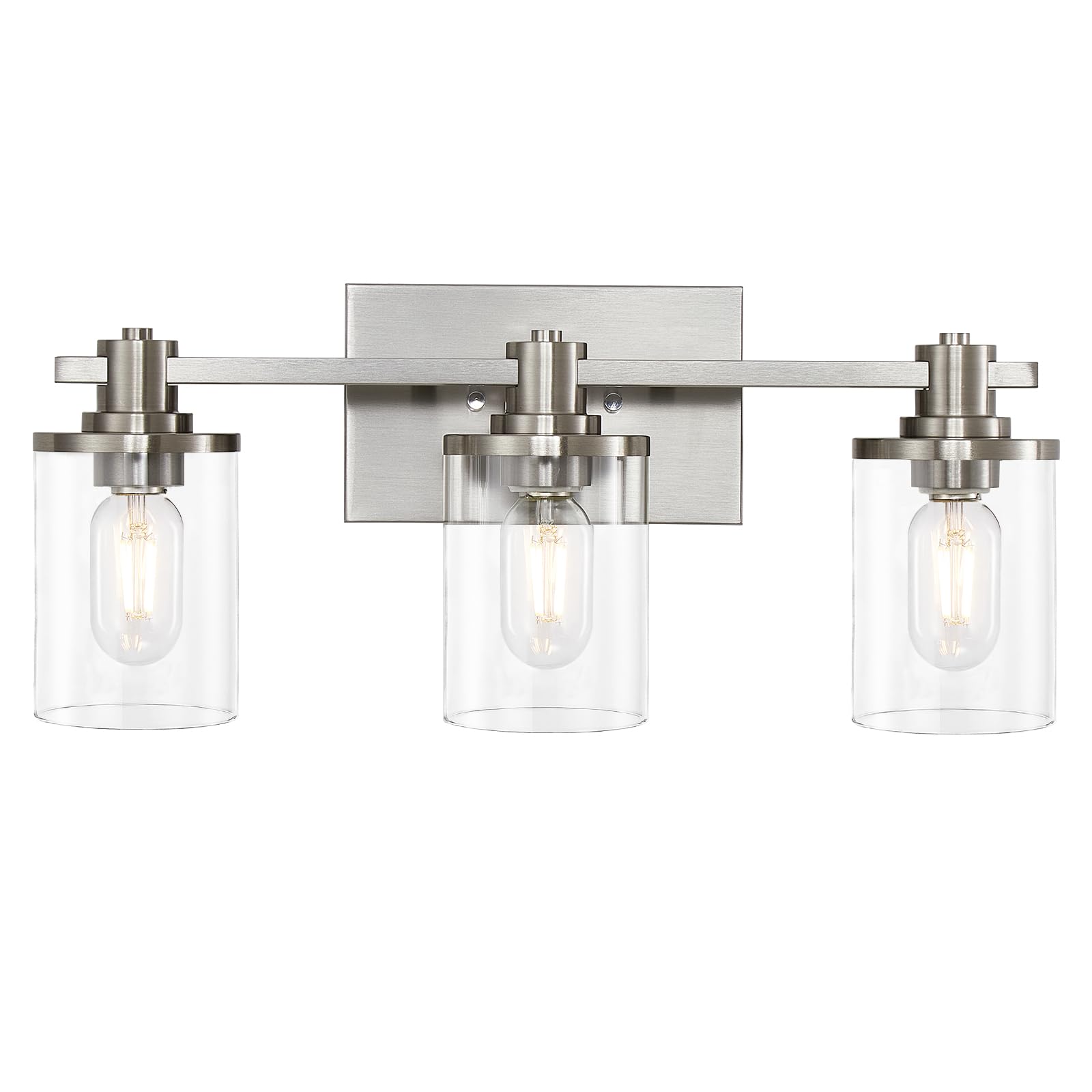 3 Light Bathroom Vanity Light, Brushed Nickel Bathroom Light Fixtures with Clear Glass Shade, Matte Black Finish, Brushed Nickel Copper Accent Socket, Modern Vanity Lights for Bathroom Over Mirror