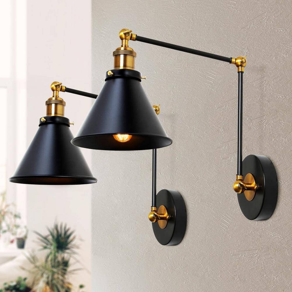 1-Light Black & Gold Wall Lamp Adjustable Plug-in or Hardwire Wall Sconce