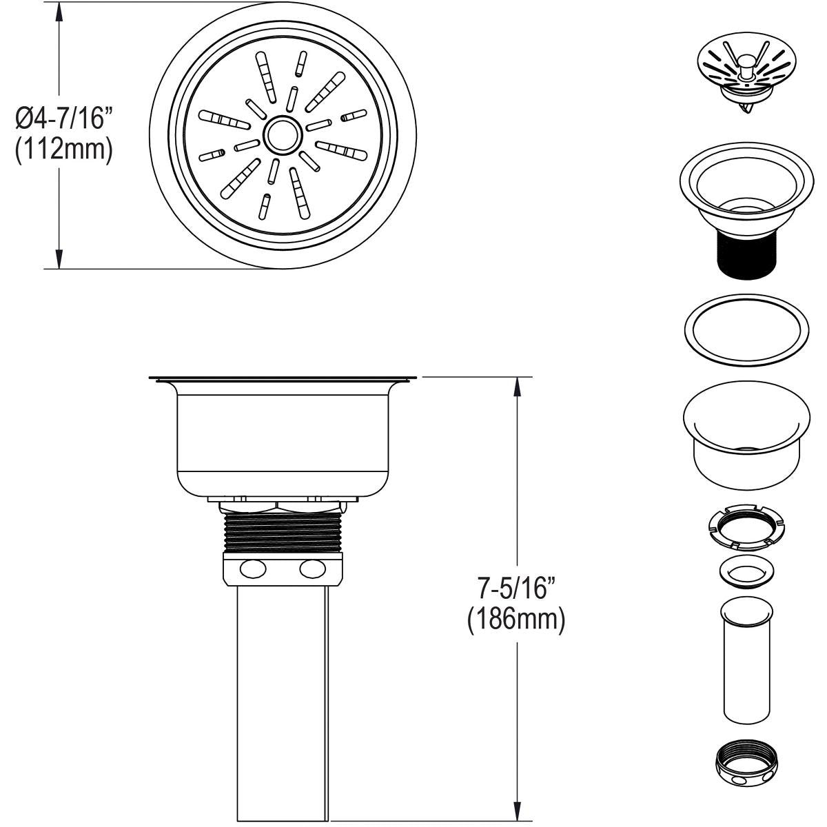 Elkay LK35 3-1/2" Drain Fitting with Type 304 Stainless Steel Body, Strainer Basket, and Tailpiece