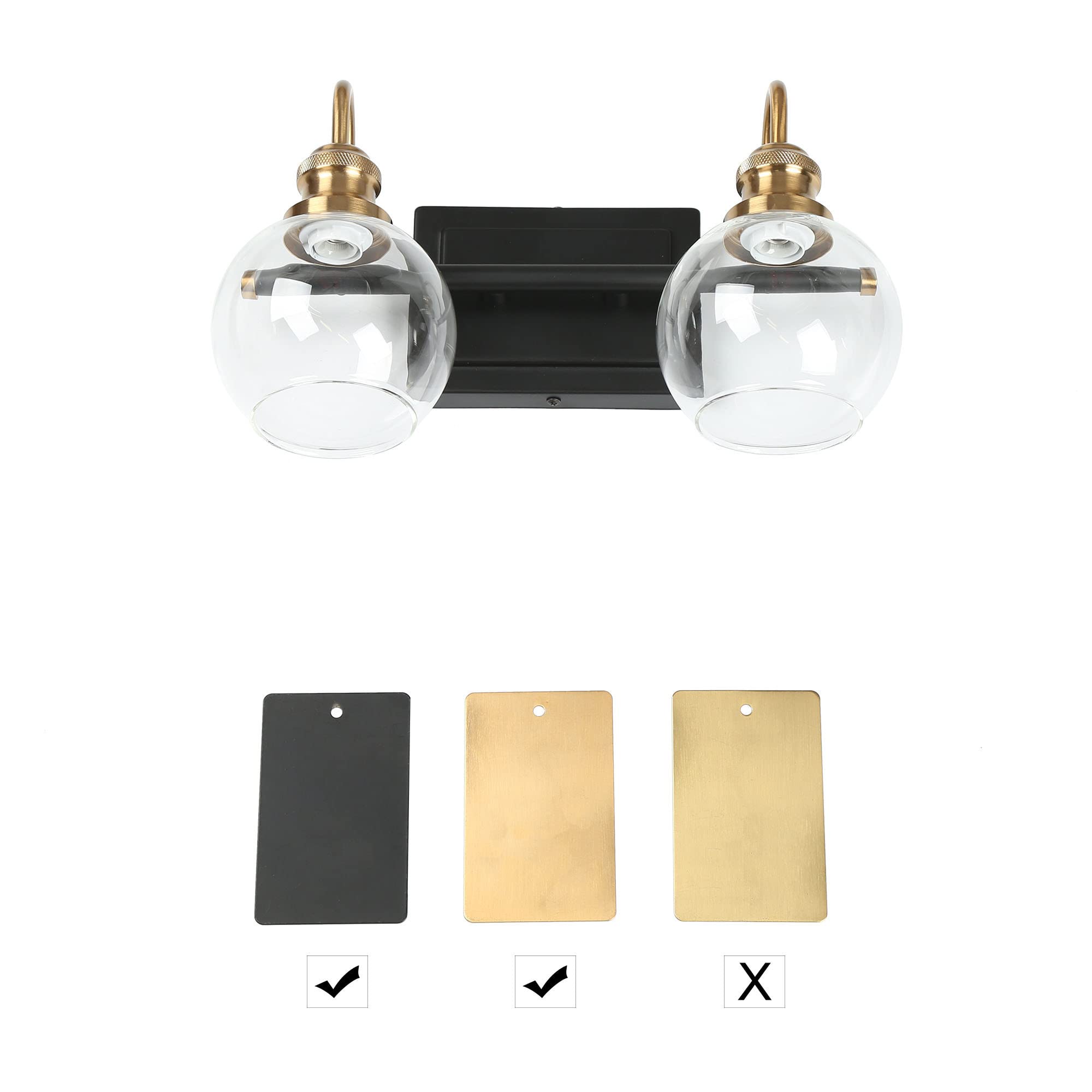 ZEVNI 2-Light Bathroom Lights Over Mirror, Black Gold Vanity Lighting Fixtures with Clear Glass Globes, 14.5" x 7" x 9"