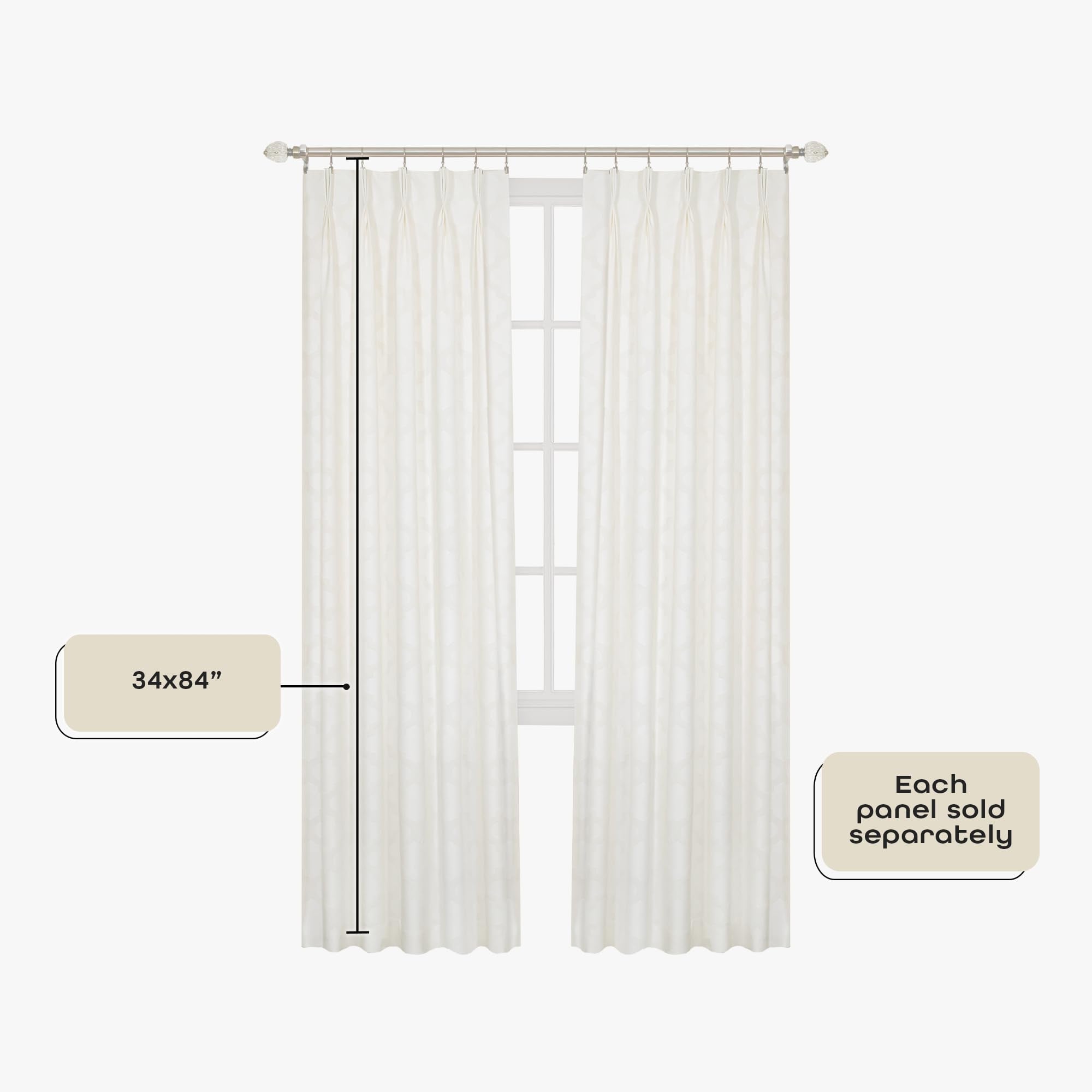 ACHIM Windsor Room Darkening Pinch Pleat Panel Window Curtains - 34 x 84 Inch (Ivory) - Polyester Soft Window Panel Blackout Drapes - Pleated Window Shades for Bedroom & Living Room Home Decor