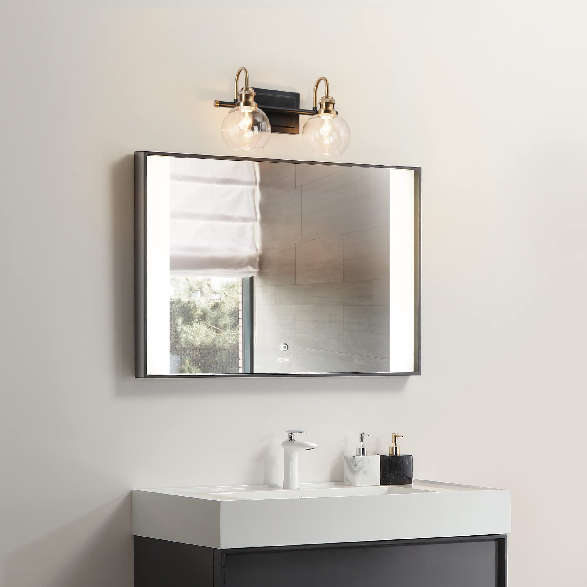 ZEVNI 2-Light Bathroom Lights Over Mirror, Black Gold Vanity Lighting Fixtures with Clear Glass Globes, 14.5" x 7" x 9"