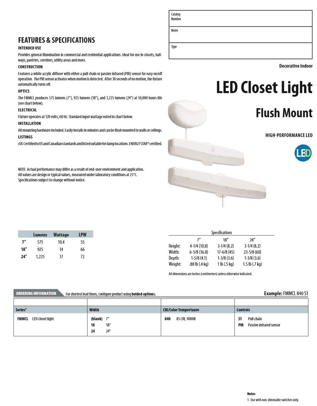 Lithonia Lighting FMMCL 840 PIR M4 7-Inch LED Flush Mount Light with Motion Sensor, 575 Lumens, 120 Volts, 10 Watts, Wet Listed, White