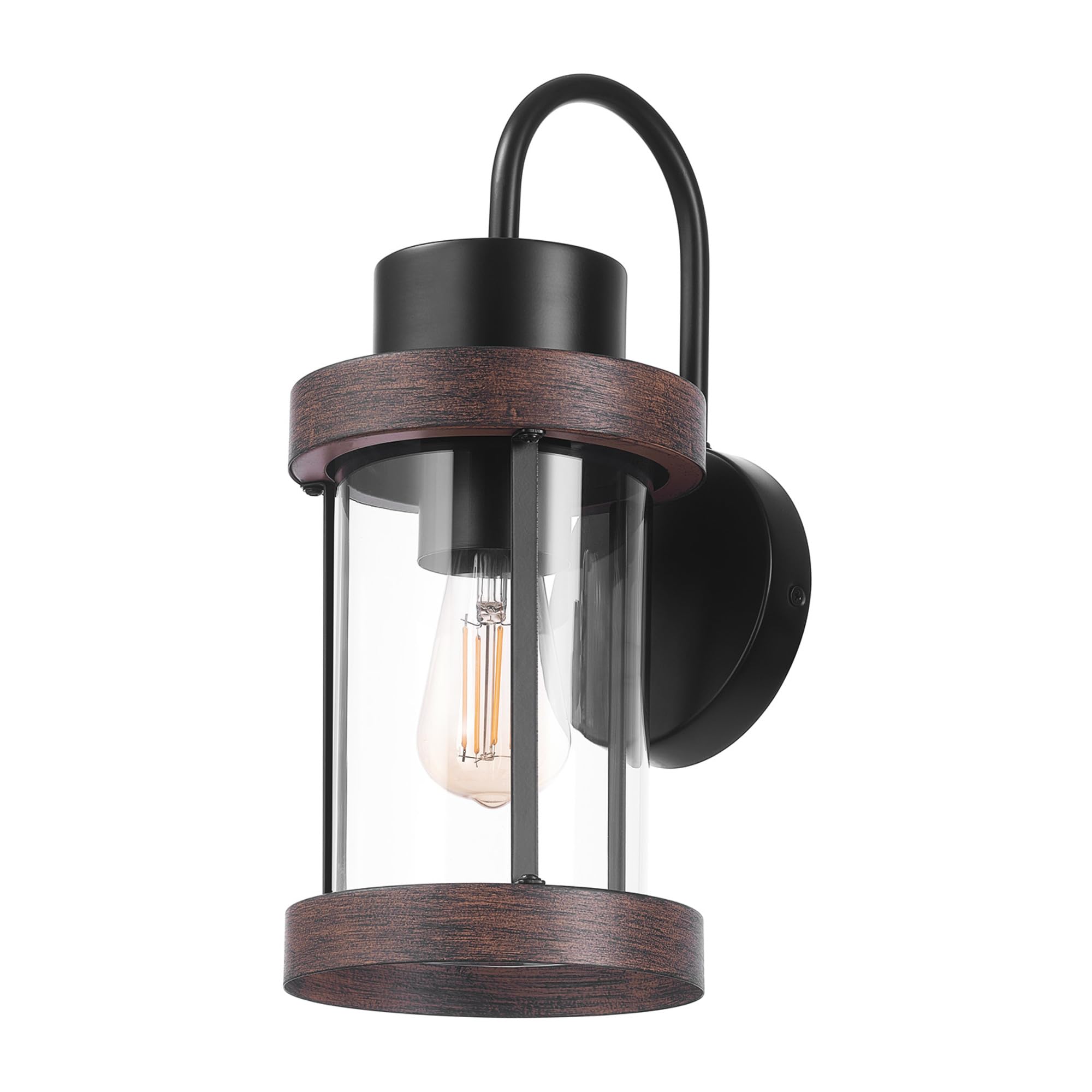 Globe Electric 60000026 1-Light Outdoor Wall Sconce, Matte Black, Faux Wood Accent, Clear Glass Shade, E26 Bulb Required, Outdoor Lighting Modern, Front Porch Décor, Wall Lighting